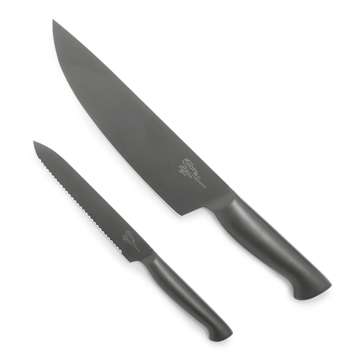 Set of two black-handled knives, one chef’s and one serrated, with stainless steel blades on a white background.