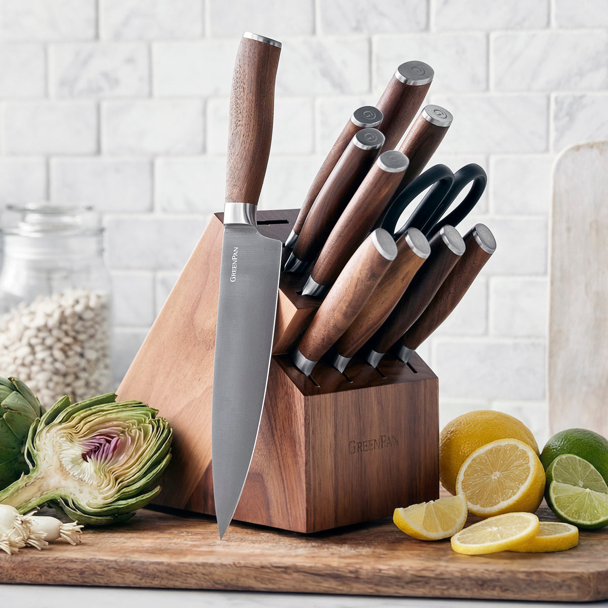 Premiere Titanium Cutlery 12-Piece Knife Block Set with Walnut Handles