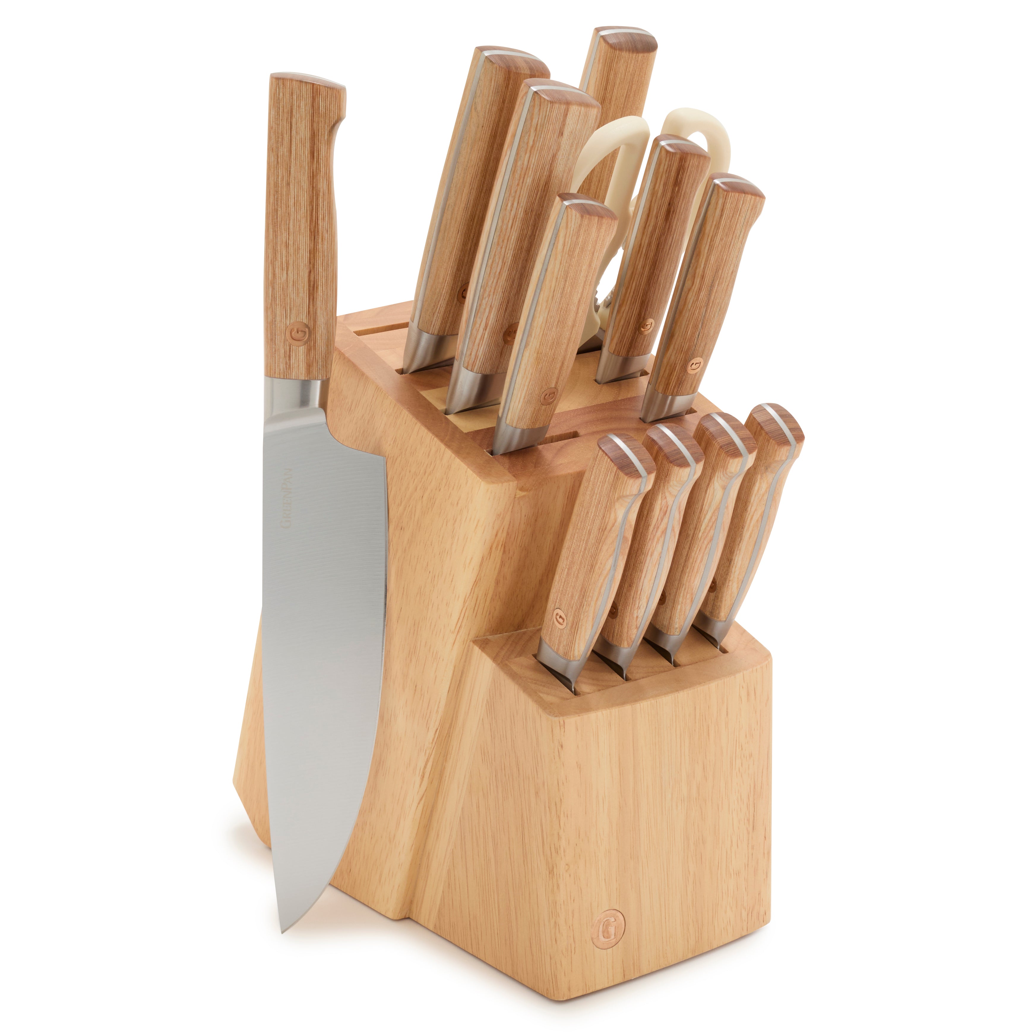 Elite Cutlery 13-Piece Knife Block Set with Light-Wood Handles