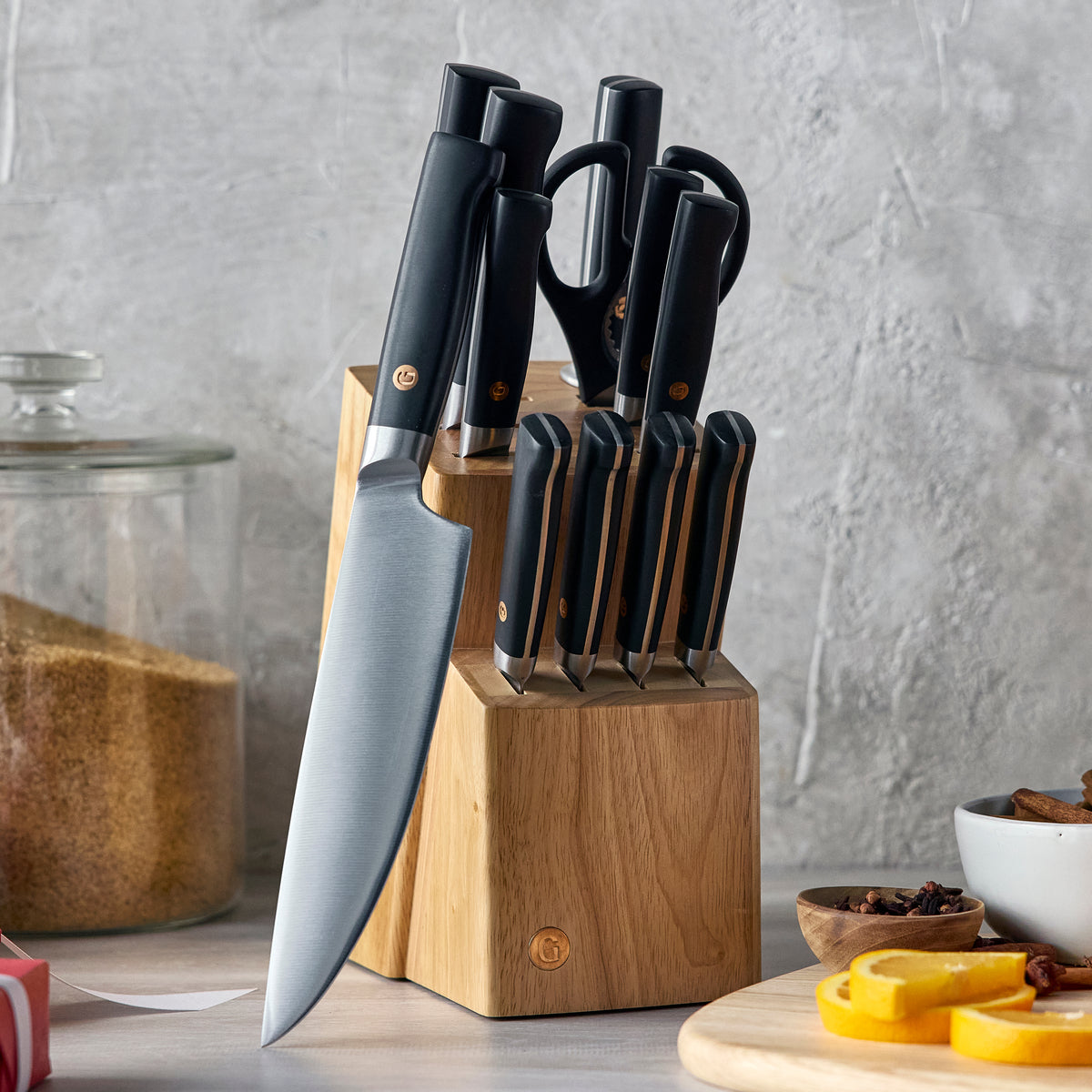 Elite Cutlery 13-Piece Knife Block Set with Black Handles