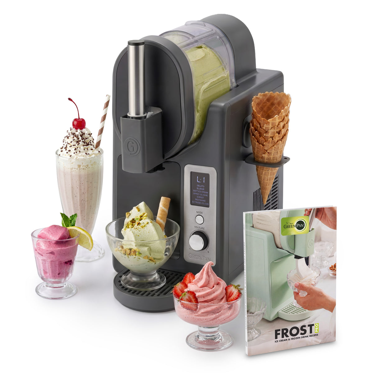 Black Frost Pro 16-in-1 ice cream maker with cones, bowls, a milkshake, and recipe book arranged beside it.