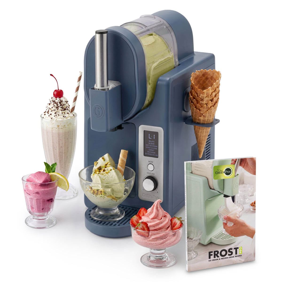 Berry-colored 16-in-1 ice cream and frozen drink maker with cones and a recipe booklet on a white background.