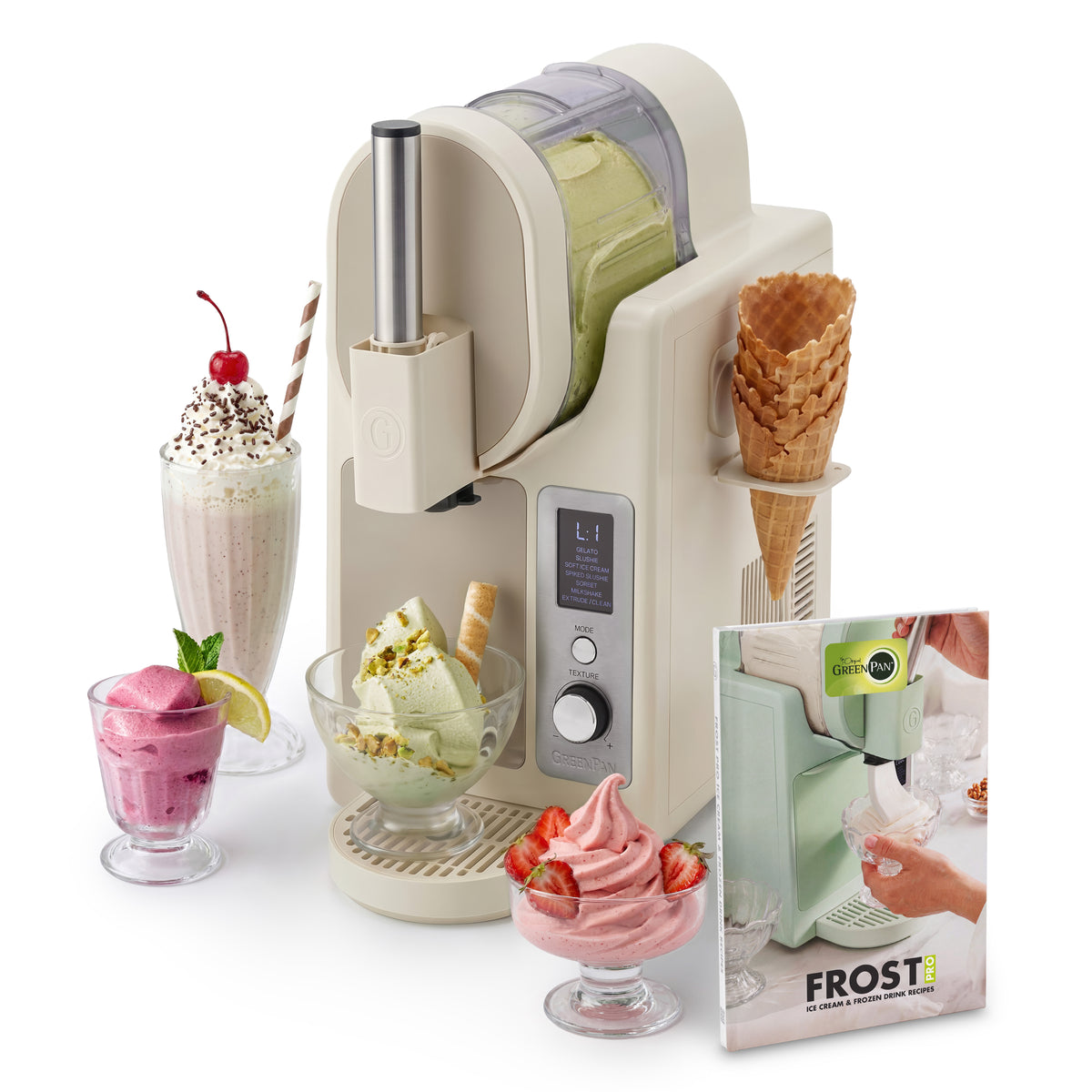 Frost Pro 16-in-1 cream maker with cones, milkshake glass, and recipe booklet arranged together on a countertop.