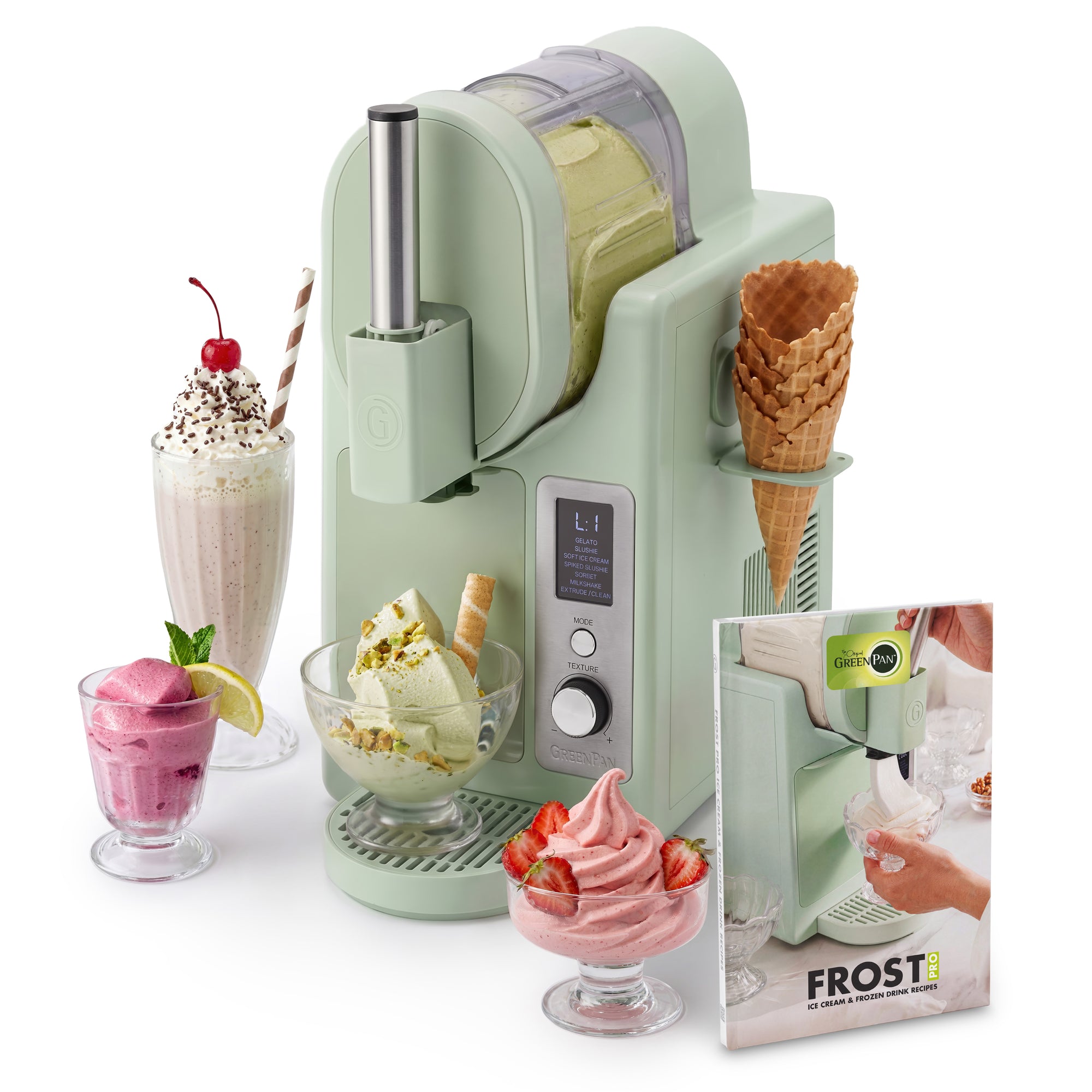 Pistachio green Frost Pro 16-in-1 ice cream maker with cones, soft serve, sundaes, and a recipe booklet.