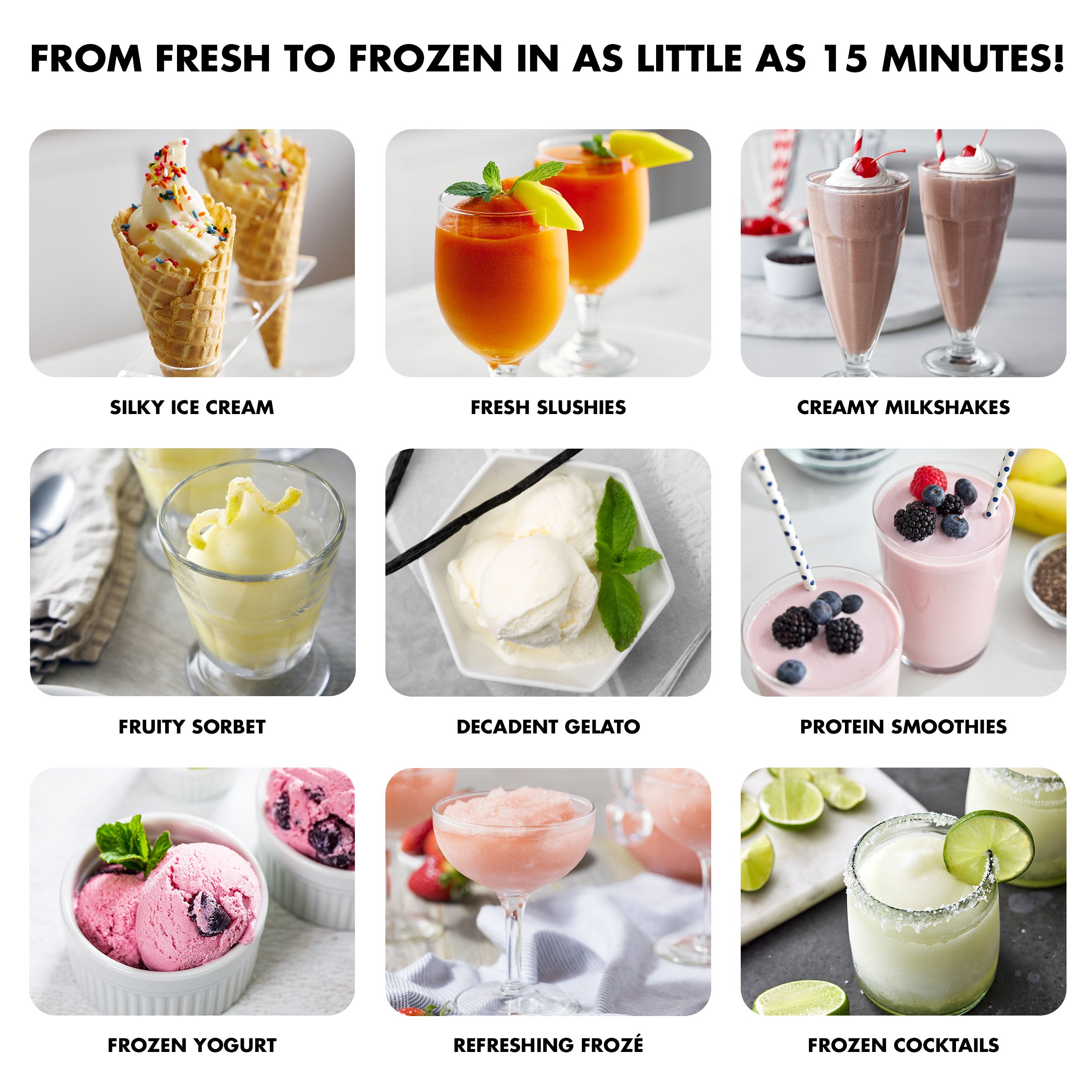 Promotional graphic showcasing various frozen desserts and drinks with text indicating quick freezing time.