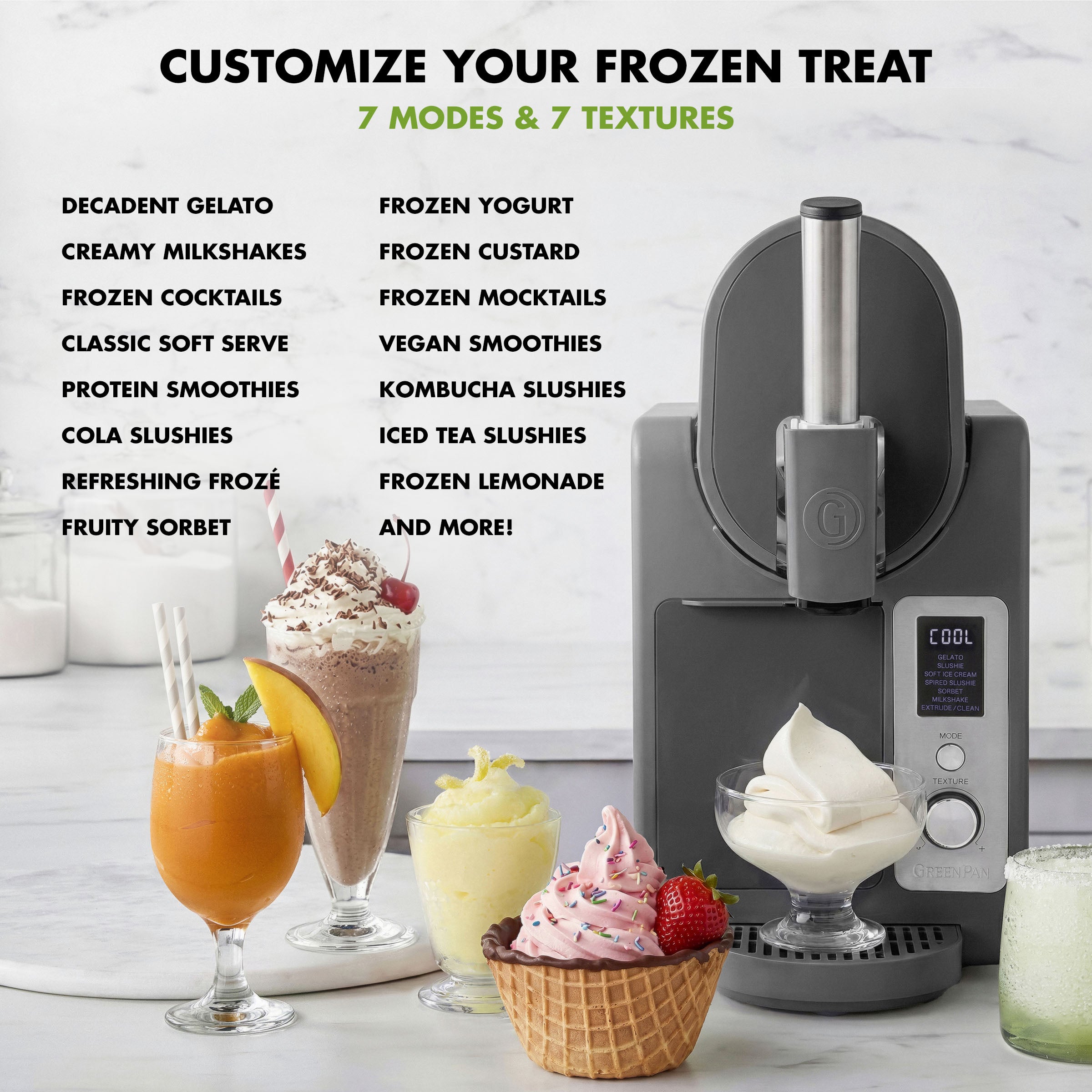 Ice cream maker with various frozen treats and text detailing customizable options.