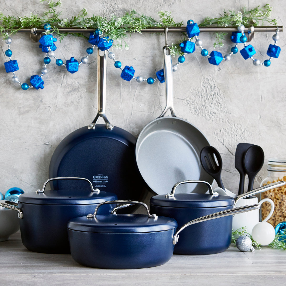 GP5 Colors Ceramic Nonstick 11-Piece Cookware Set with Mirror Handles | Oxford Blue