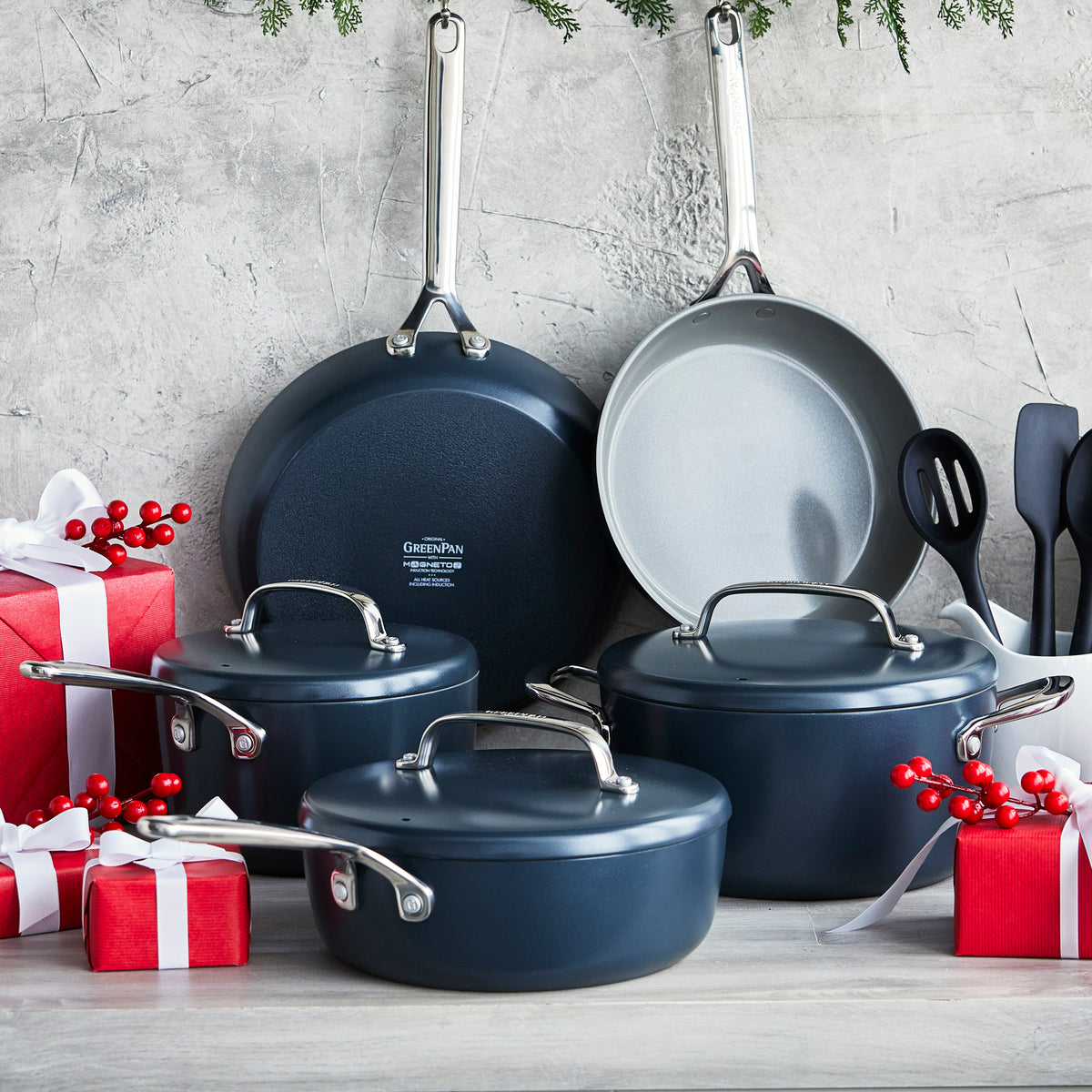 GP5 Colors Ceramic Nonstick 11-Piece Cookware Set with Mirror Handles | Oxford Blue