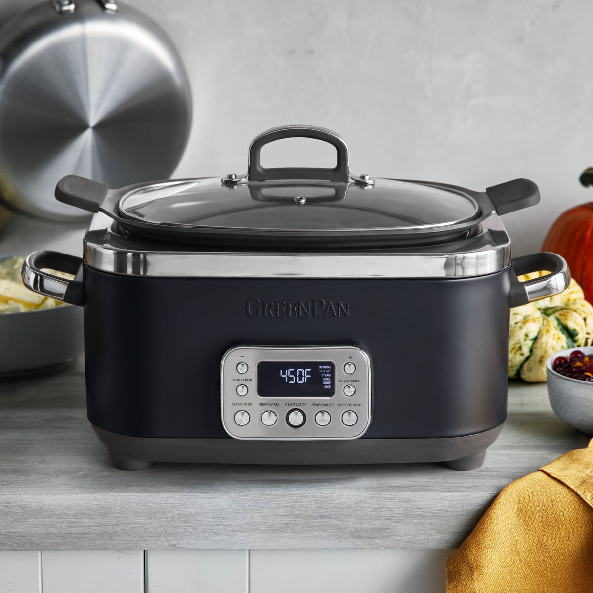 Black 6-quart slow cooker with digital display set to 45°F and easy presets, sitting on a countertop.