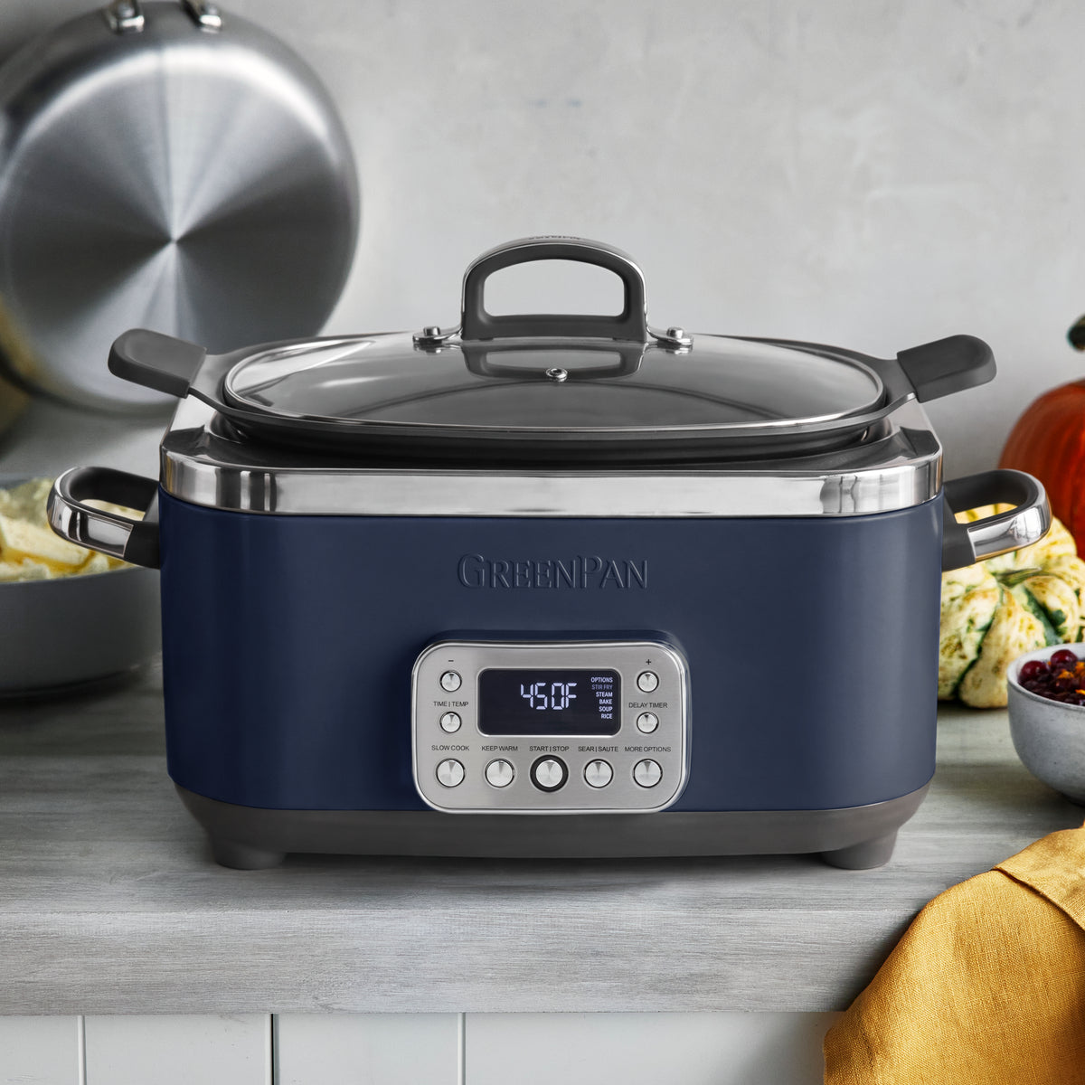 Oxford Blue 6-quart Elite 14-in-1 slow cooker with digital display showing 45°F on a kitchen counter.