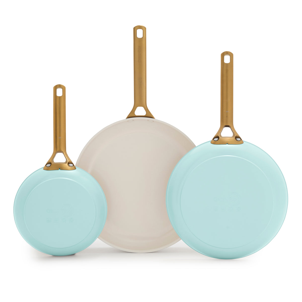 Three light blue frypans with gold handles on a white background
