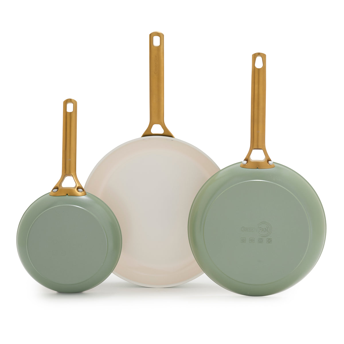 Three green frypans with gold handles on a white background
