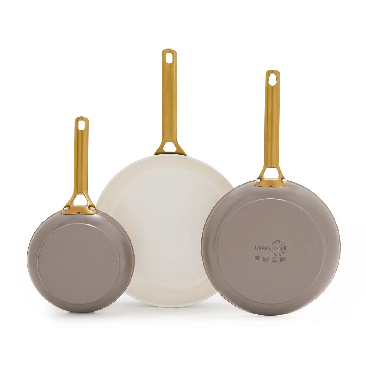 Latte-colored ceramic nonstick frypan set with 8, 10, and 12 inch pans stacked; one shows white ceramic interior.