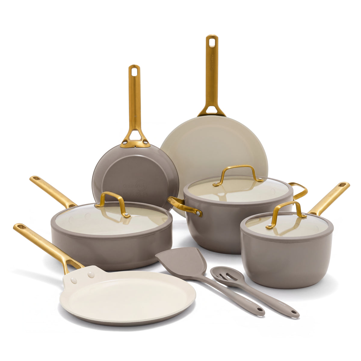 Latte ceramic nonstick cookware set, 11 pieces including stackable pans and utensils, arranged on a white background.