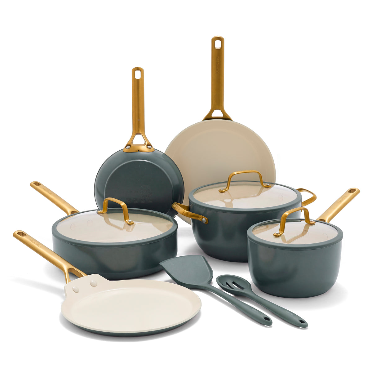 Spruce green 11-piece ceramic cookware set with gold handles, spatula, and spoon displayed on a white background.
