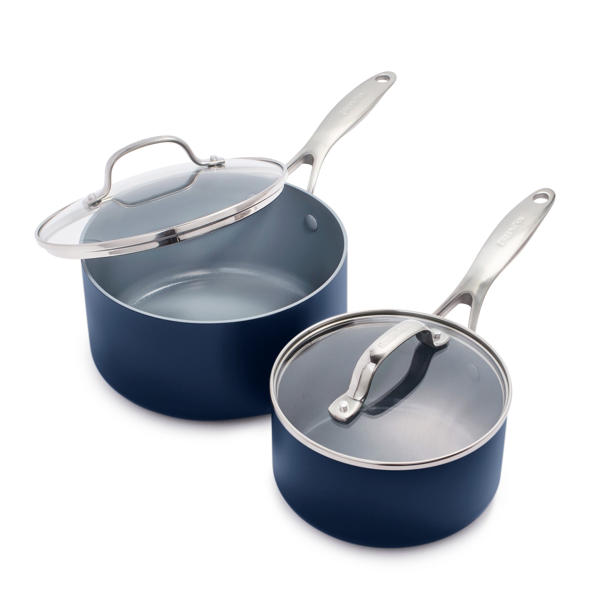 Two twilight blue saucepans with silver handles and glass lids; one lid open, one closed. Set of two sizes.
