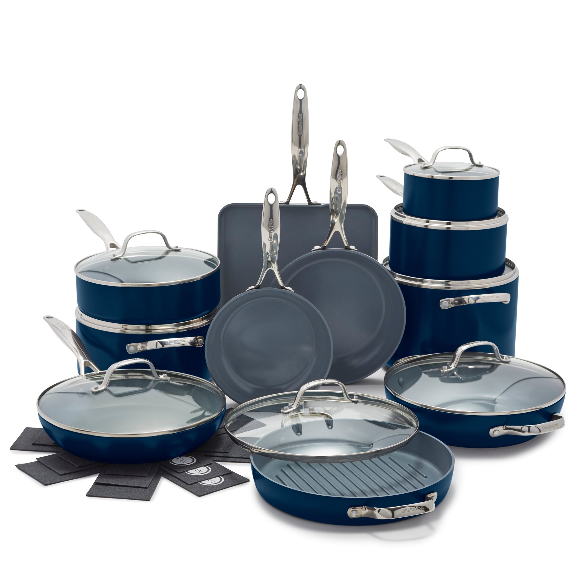 The Valencia Pro Ceramic Nonstick 19-Piece Cookware Set in Twilight includes a variety of pots, pans, and lids with silver handles, all elegantly displayed on a white background.