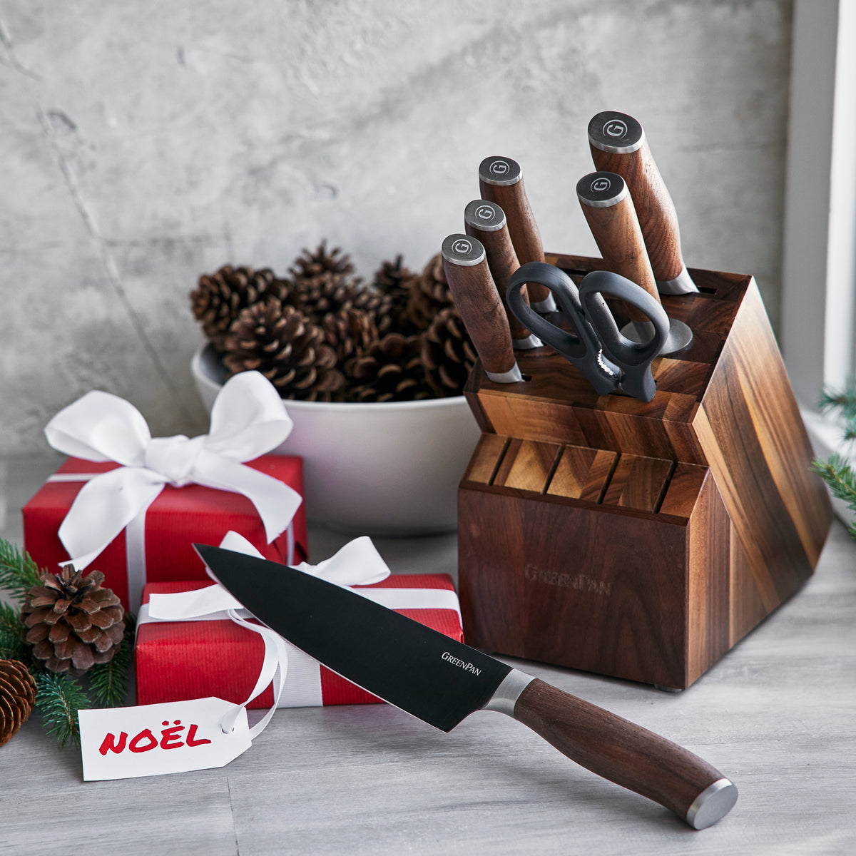 Premiere Titanium Cutlery 8-Piece Knife Block Set with Walnut Handles