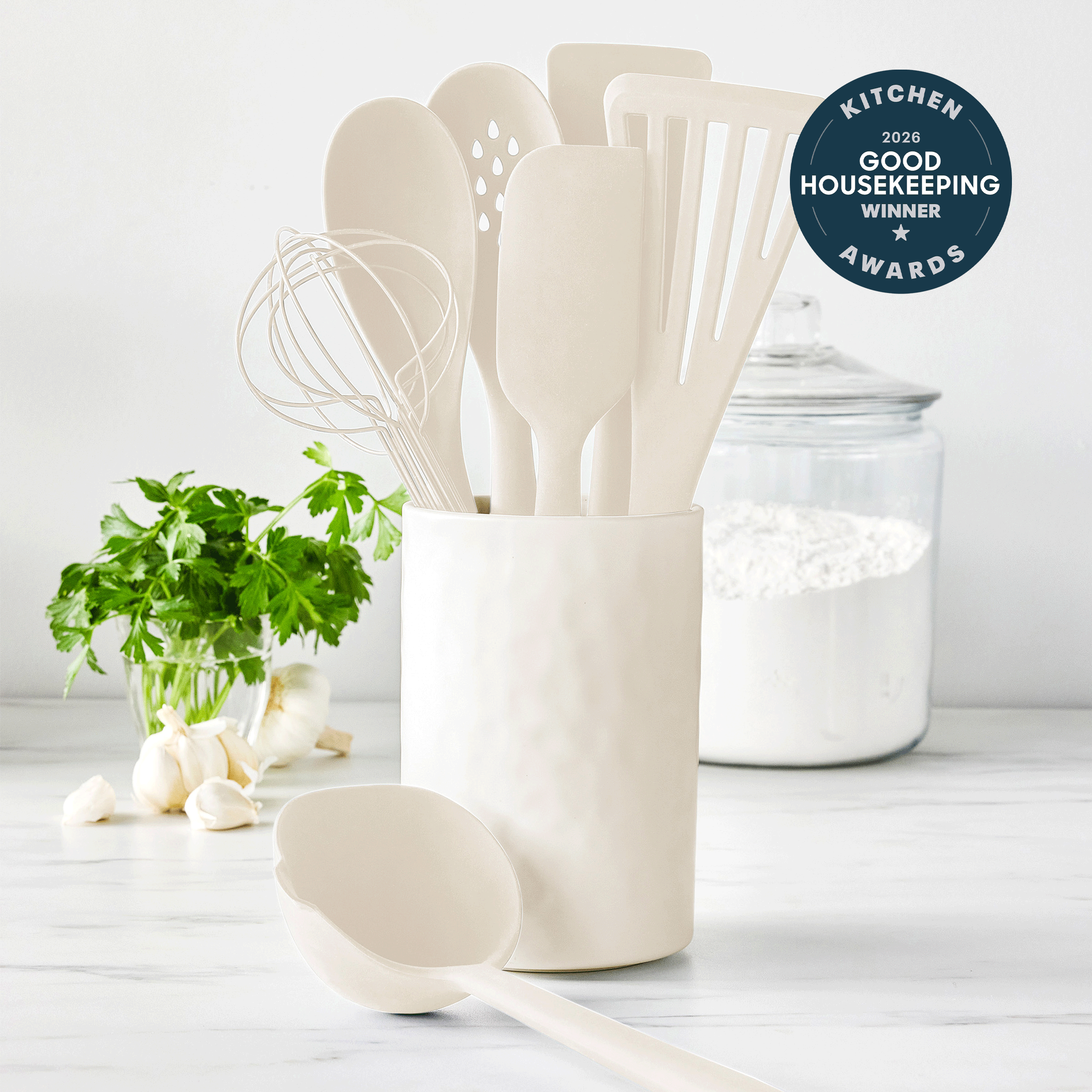 Premiere Silicone 8-Piece Utensil and Crock Set | Bisque