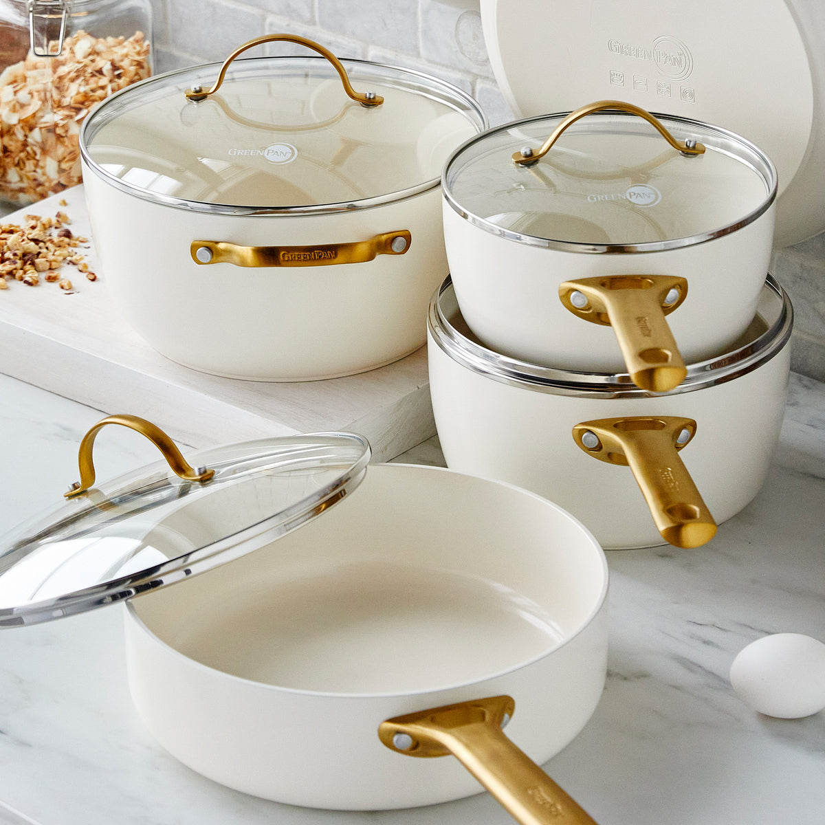 Reserve Ceramic Nonstick 10-Piece Cookware Set, Cream with Gold-Tone