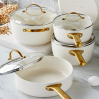 Reserve Ceramic Nonstick 10-Piece Cookware Set | Cream with Gold-Tone Handles