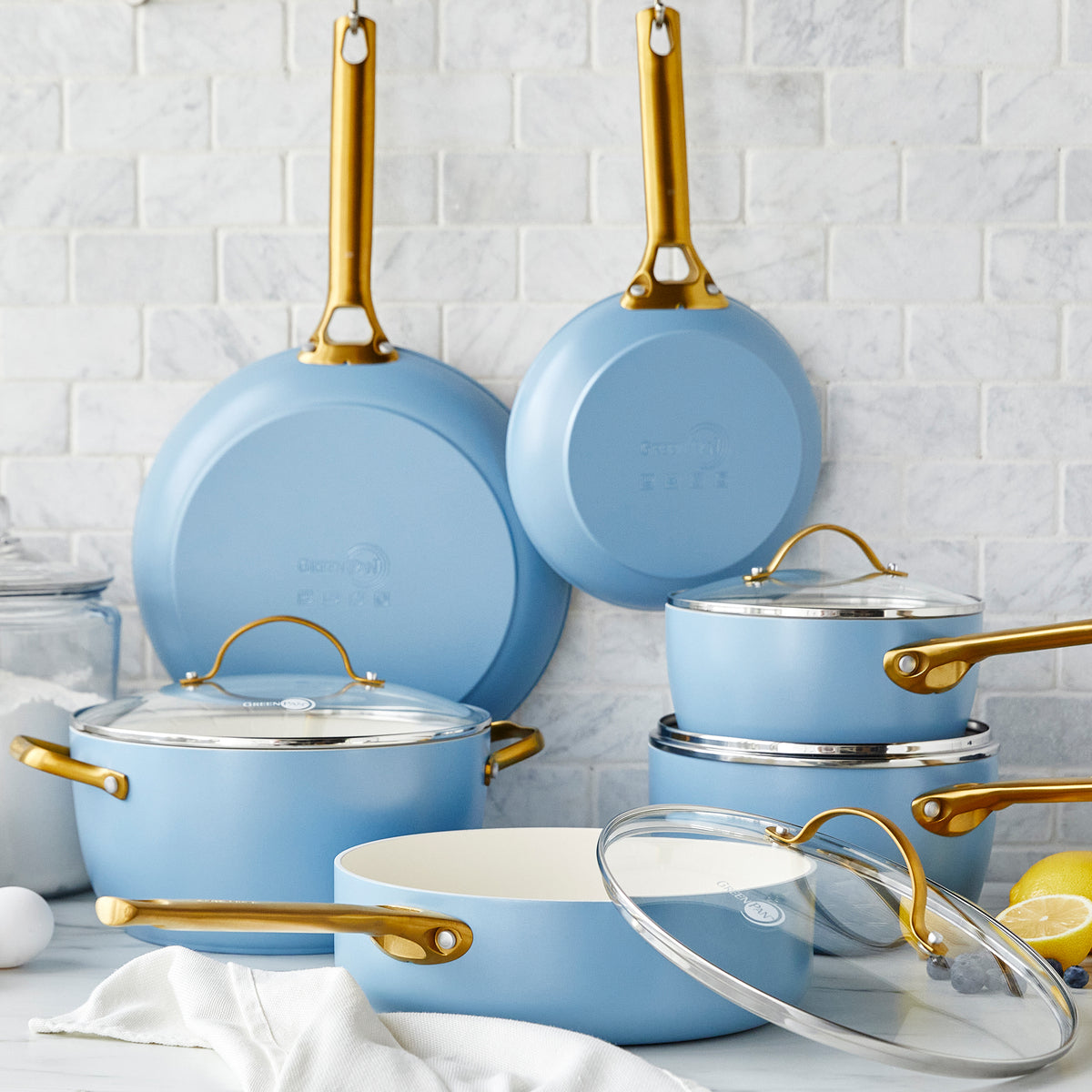 Reserve Ceramic Nonstick 10-Piece Cookware Set, Sky Blue with Gold-To