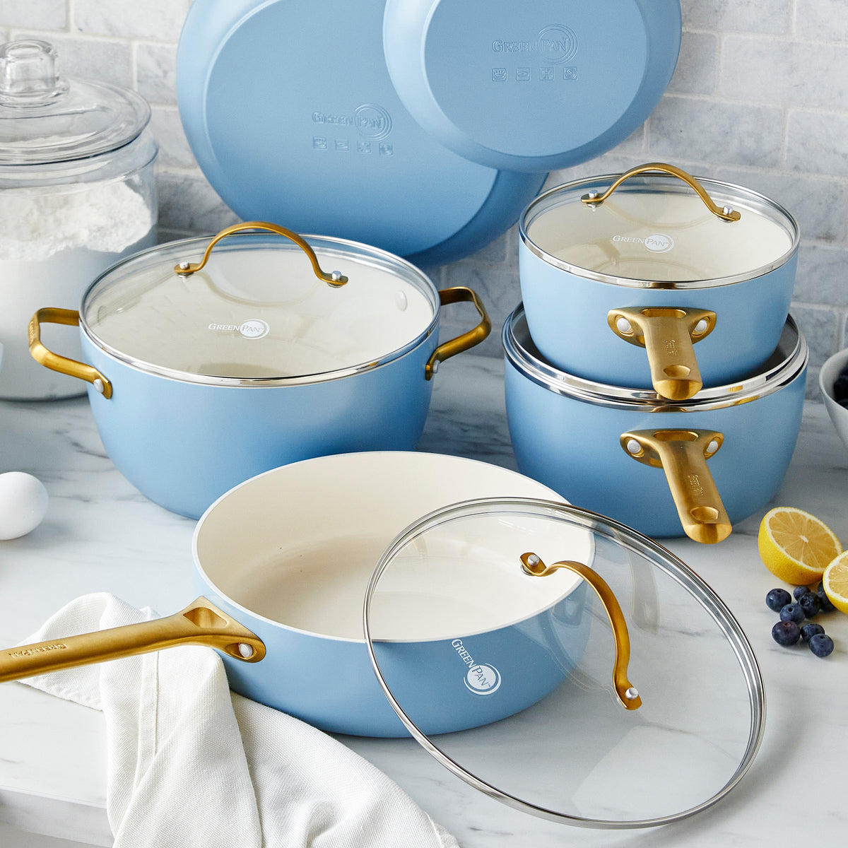 Reserve Ceramic Nonstick 10-Piece Cookware Set | Sky Blue with Gold-Tone  Handles