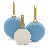 Reserve Ceramic Nonstick 8", 10" and 12" Frypan Set | Sky Blue with Gold-Tone Handles