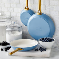 Reserve Ceramic Nonstick 8", 10" and 12" Frypan Set | Sky Blue with Gold-Tone Handles