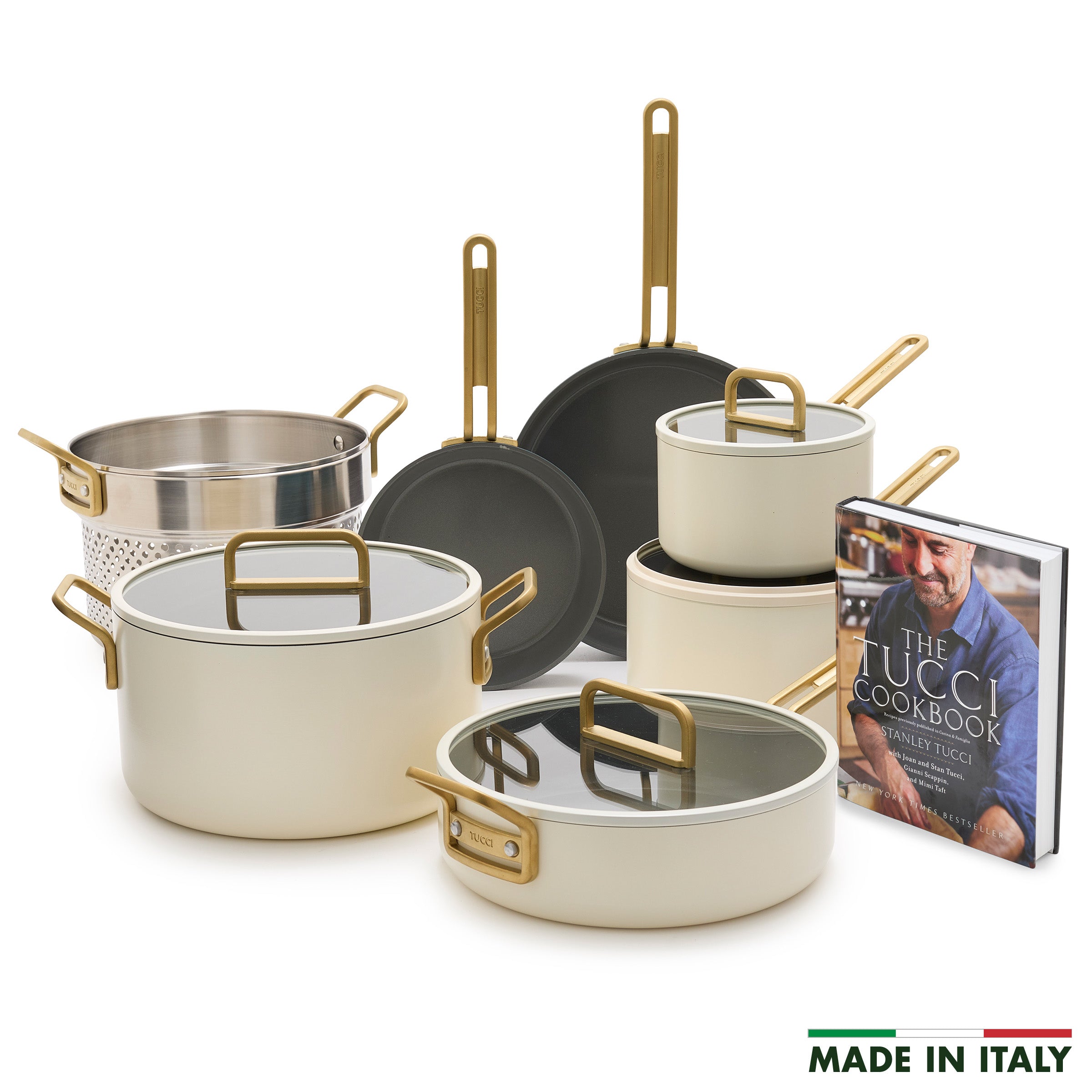 Stanley Tucci™ Ceramic Nonstick 11-Piece Cookware Set with the Tucci Cookbook | Carrara White