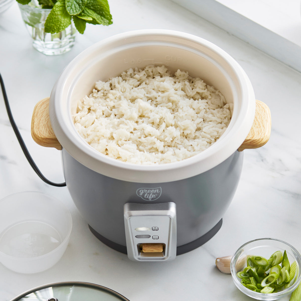 Cooked Grey Rice GreenLife 6-Cup Rice Cooker | Quartz Gray | GreenPan