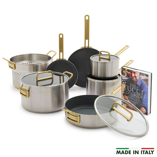 Stanley Tucci™ Stainless Steel Ceramic Nonstick 11-Piece Cookware Set with The Tucci Cookbook | Champagne Handles