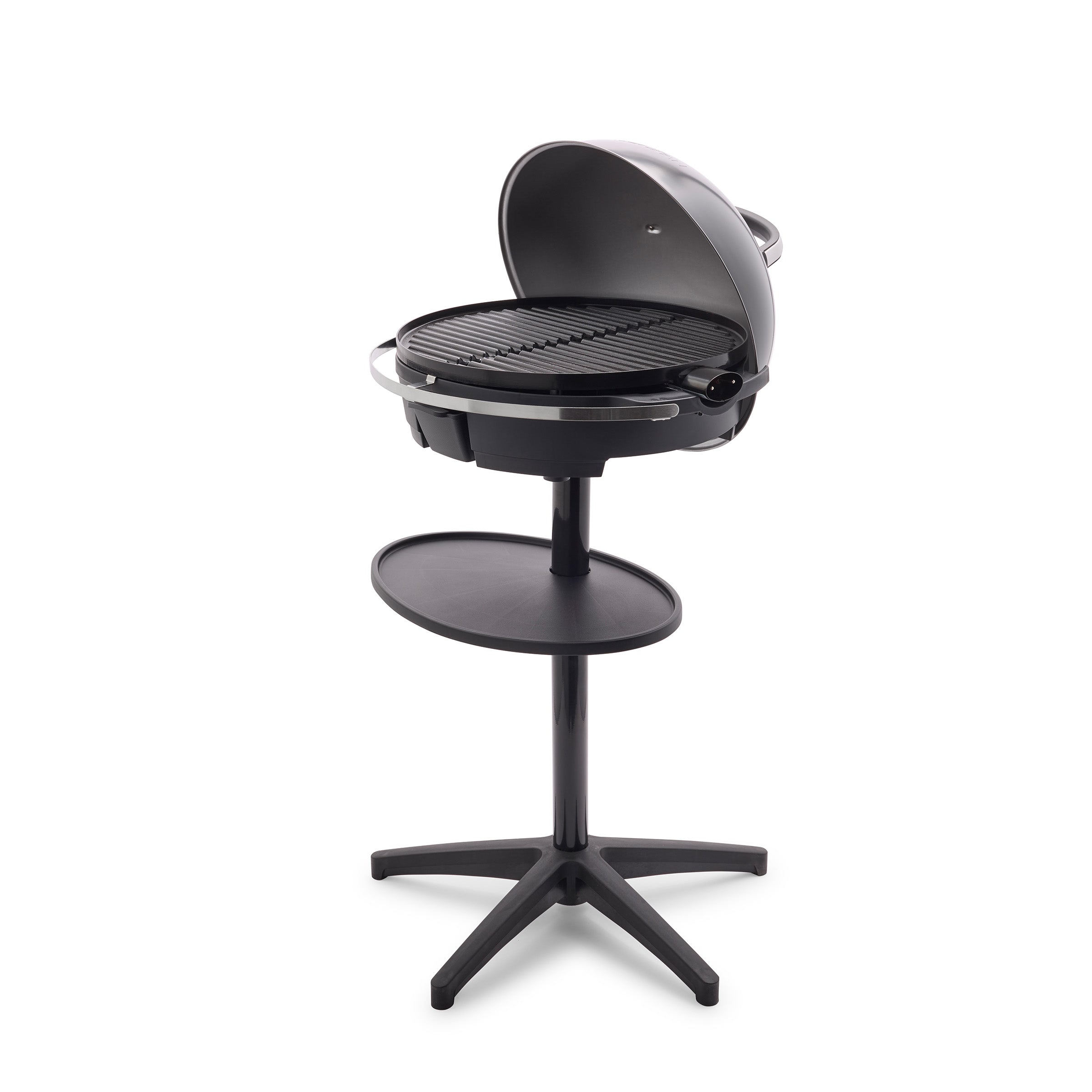 Dark gray and black portable grill on a white background