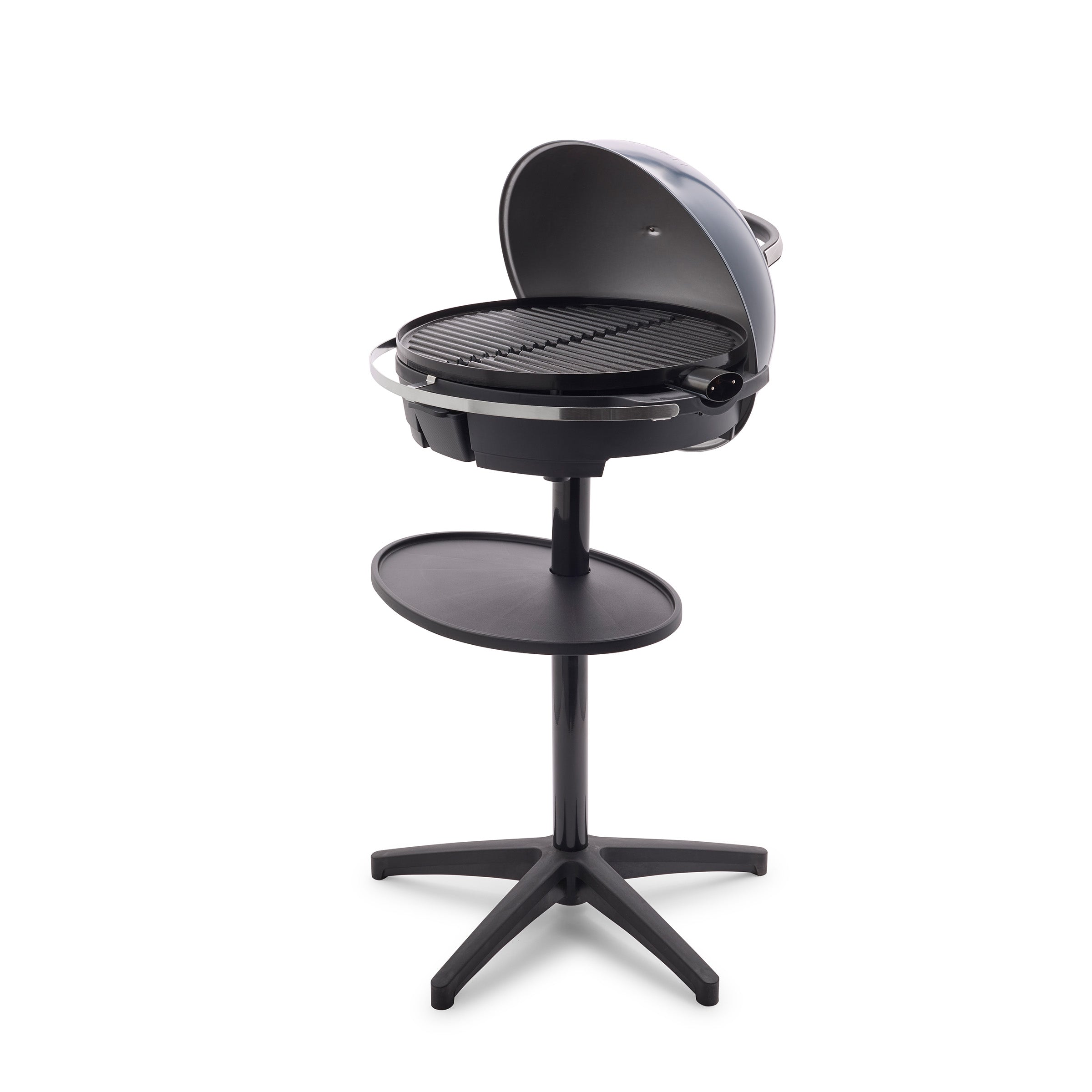 Dark blue and black portable grill on a white background