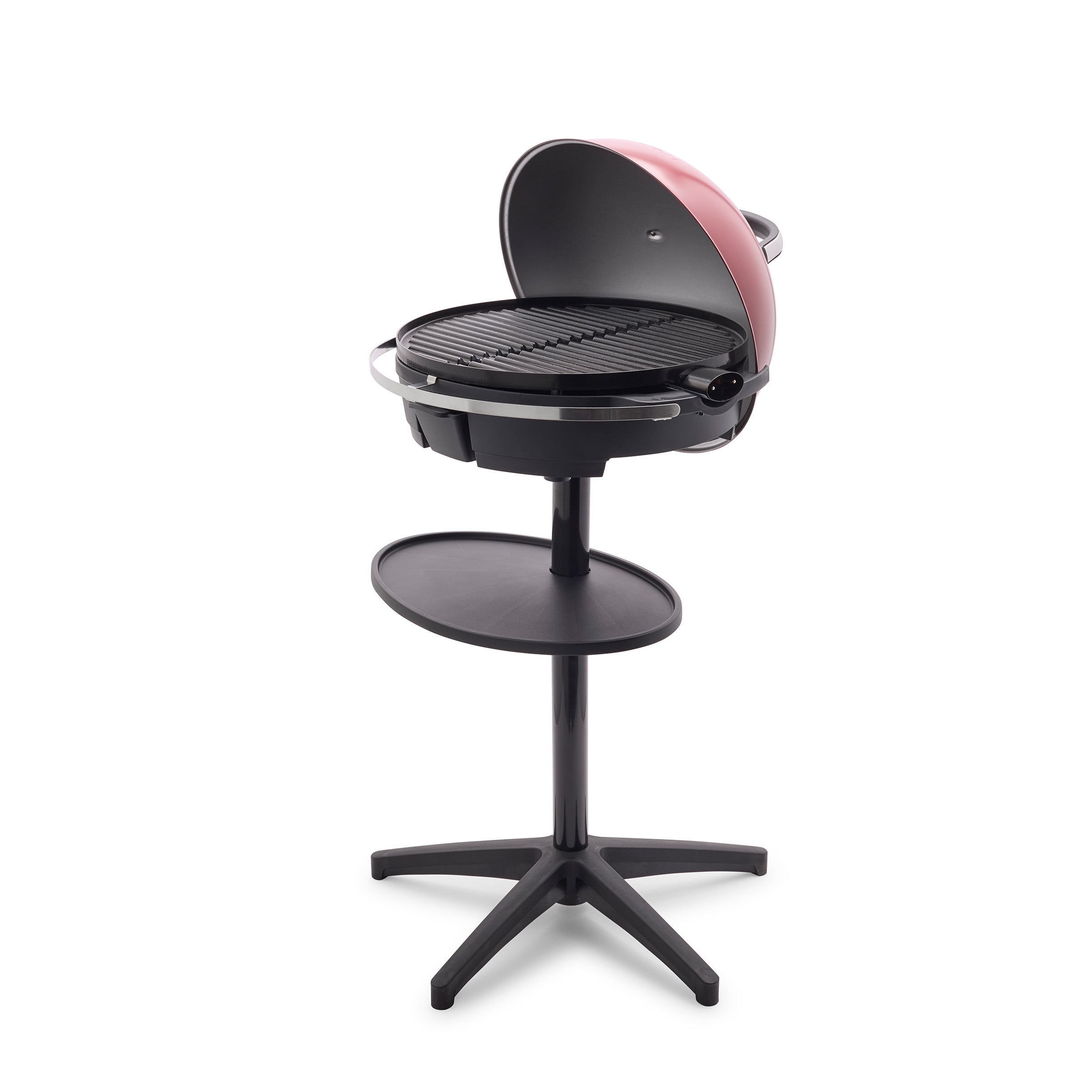 Red and black portable grill on a white background