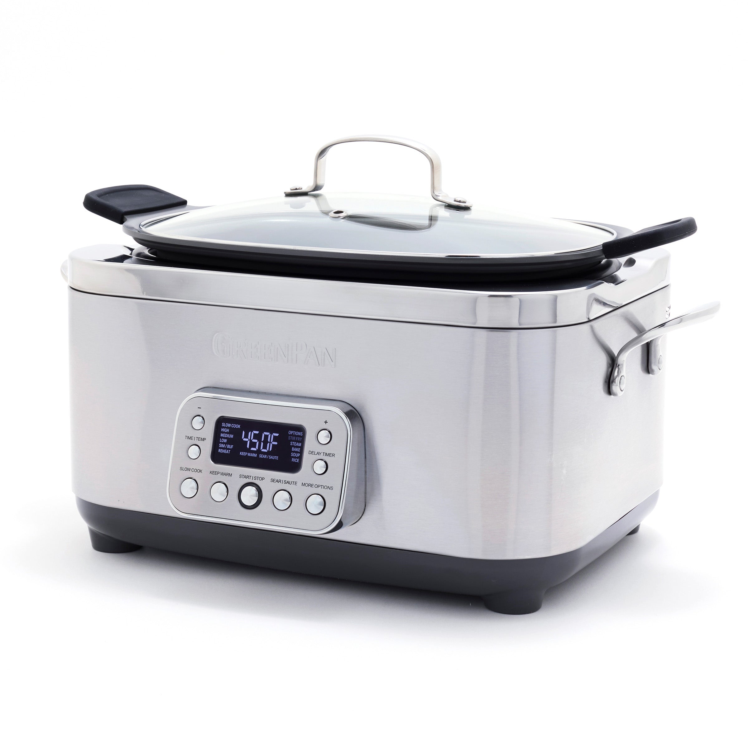 Digital slow cooker with a clear lid on a white background