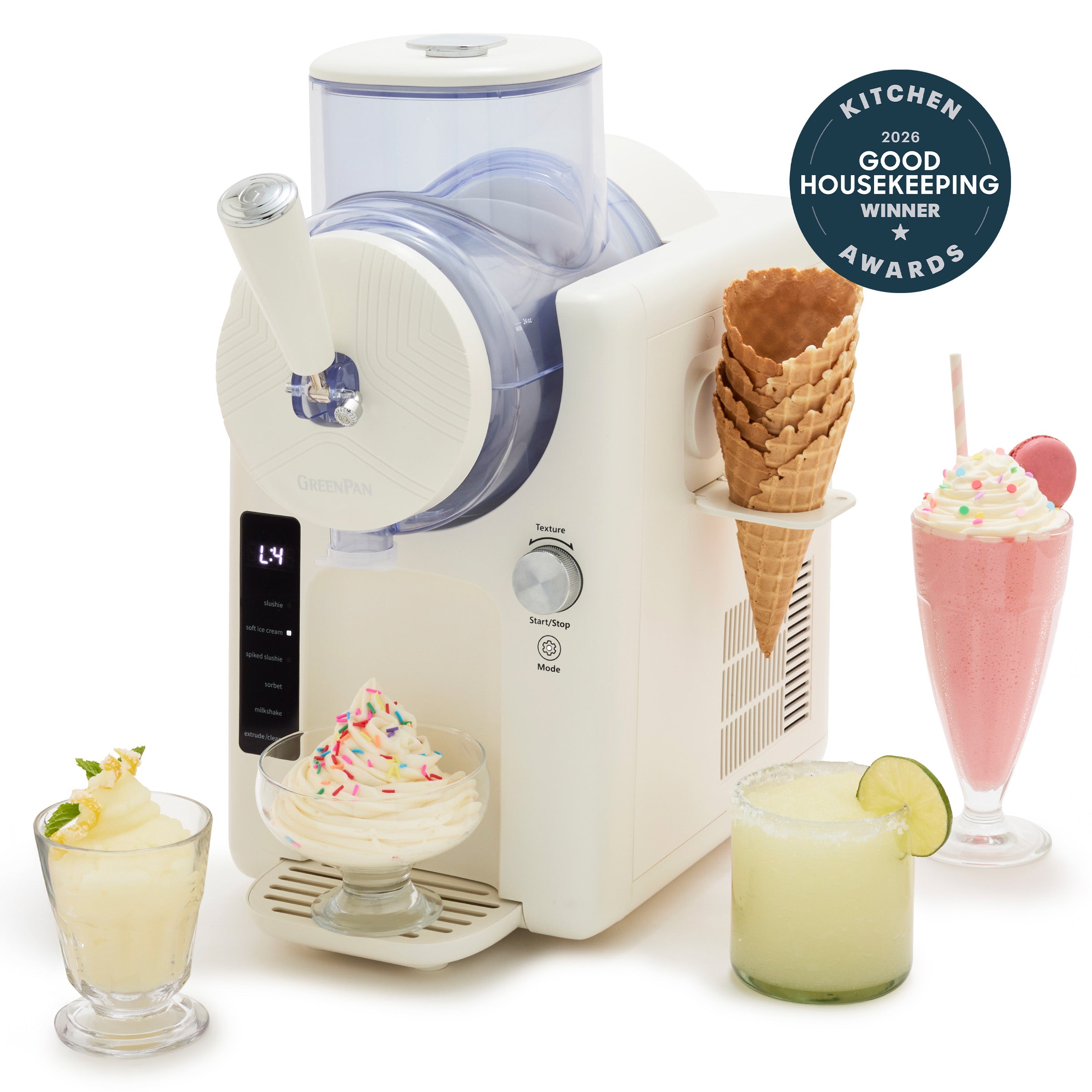 Cream ice cream and frozen drink maker with assorted cones and frozen treats served in clear glass cups and an award badge