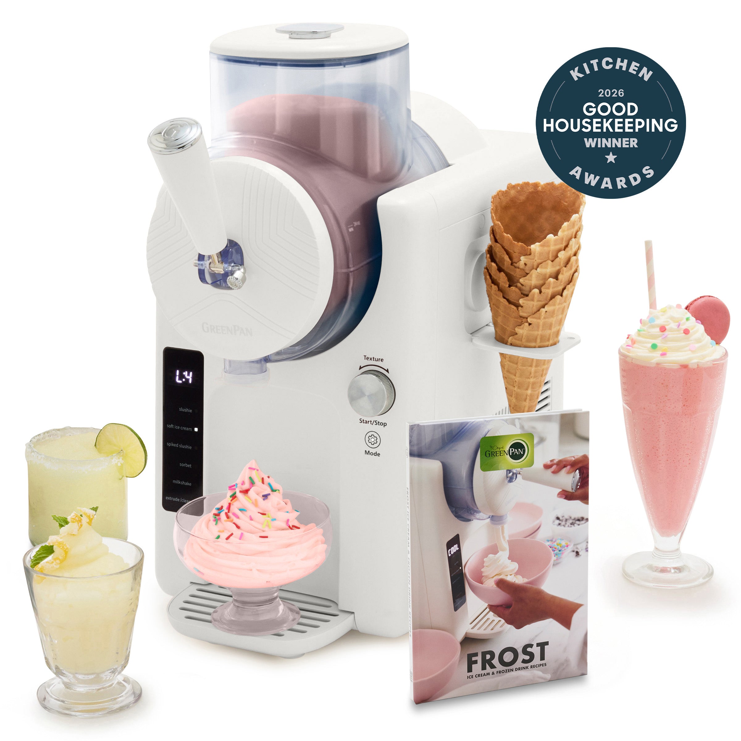 Cream-colored 15-in-1 ice cream and frozen drink maker with serving cones and Good Housekeeping award badge visible.