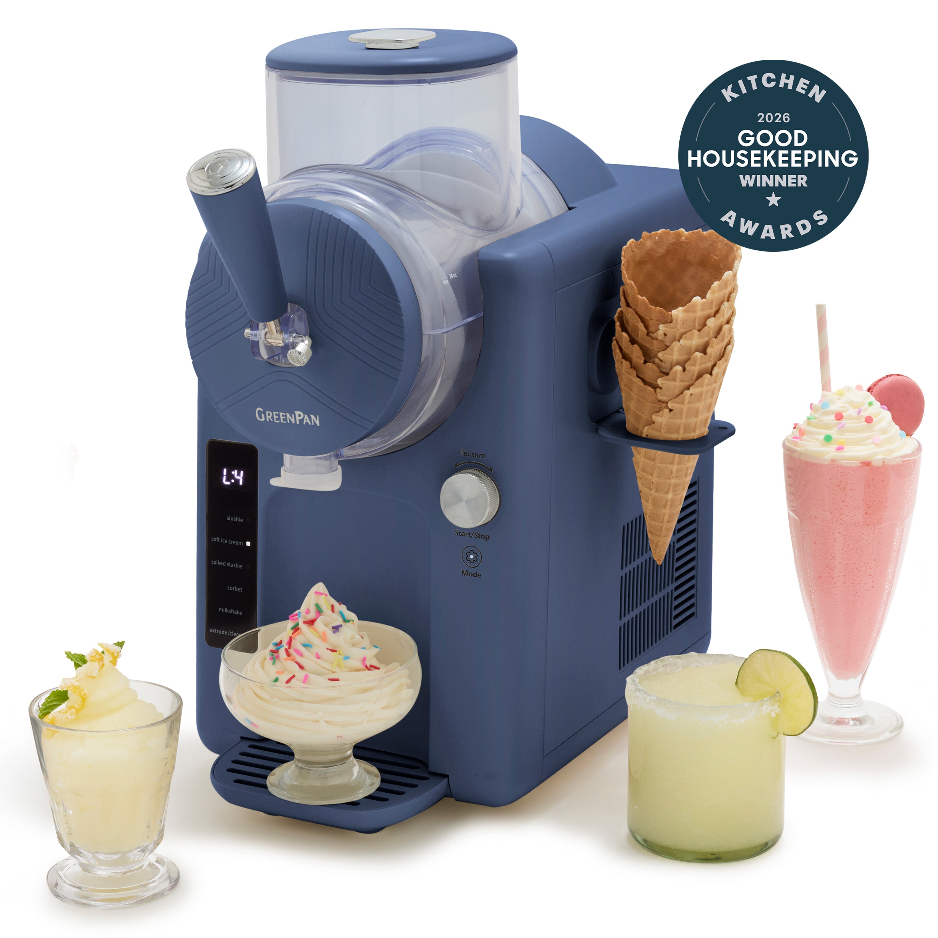 Berry-colored 15-in-1 ice cream and frozen drink maker with soft serve and waffle cone accessories visible and an award badge