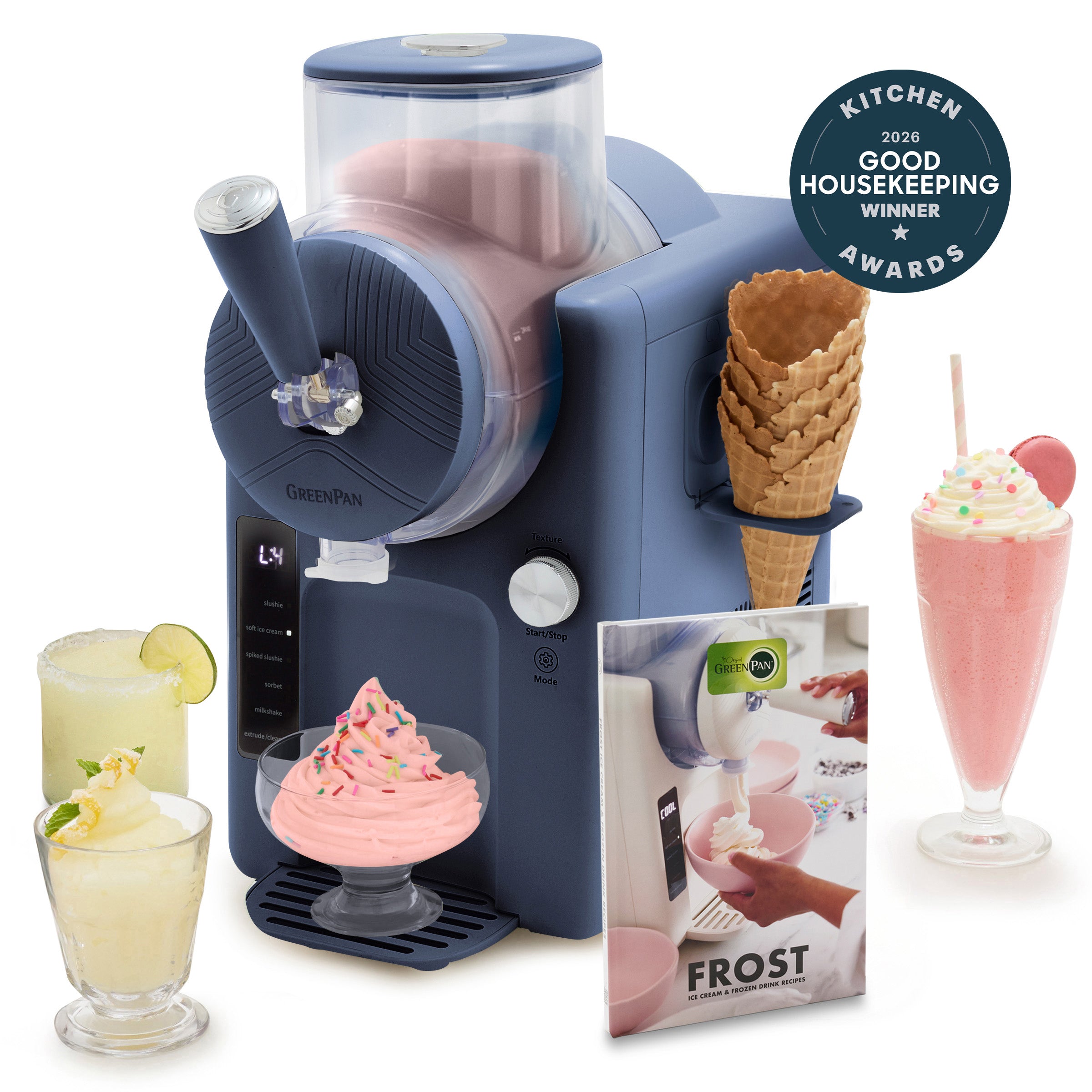 Berry-colored 15-in-1 ice cream and frozen drink maker with digital display, shown with soft serve attachment. Good Housekeeping 2026 seal.
