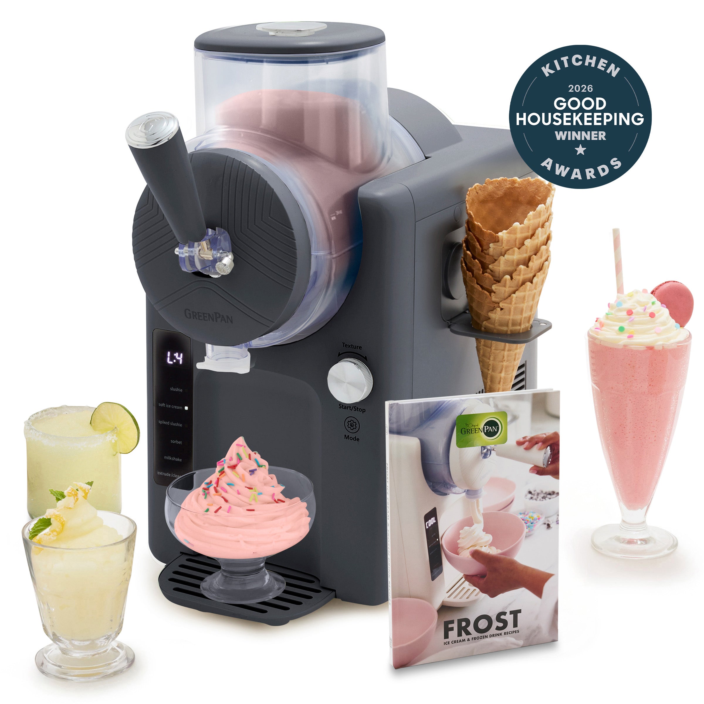 Black 15-in-1 ice cream and frozen drink maker with control panel, spout, and serving cone accessories.