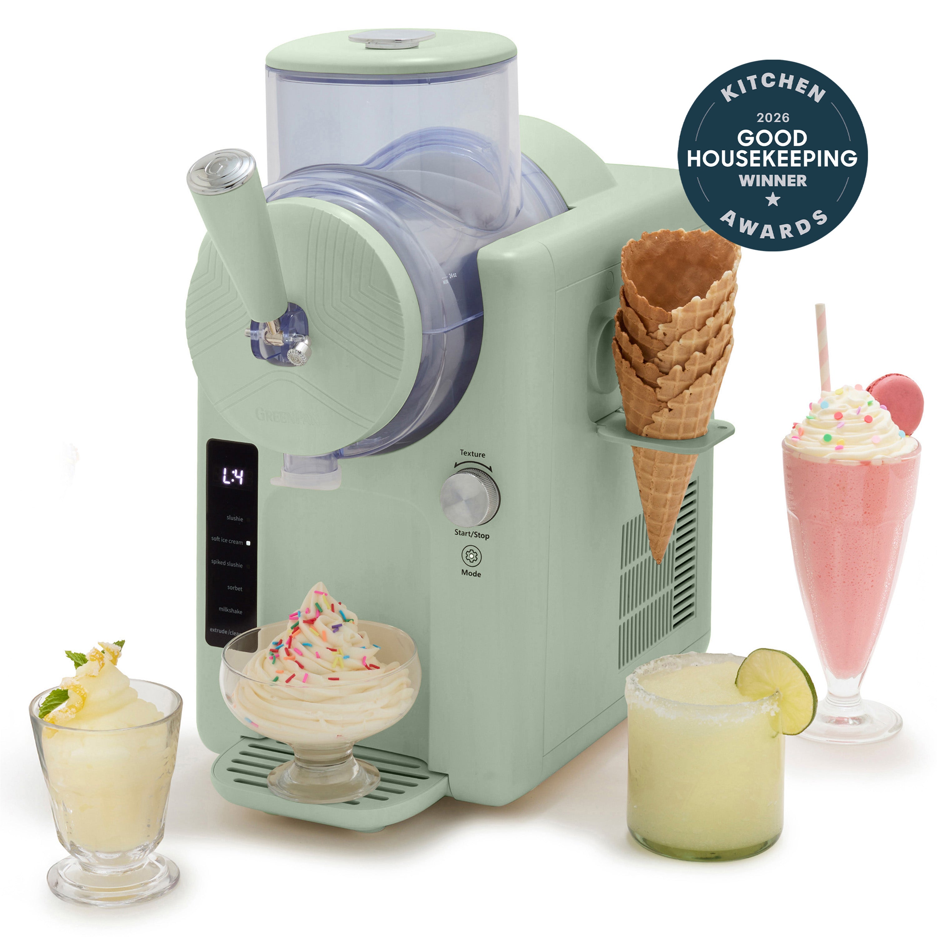 Pistachio green 15-in-1 ice cream and frozen drink maker with cones, sprinkles, lime slice, and straws included and an award badge