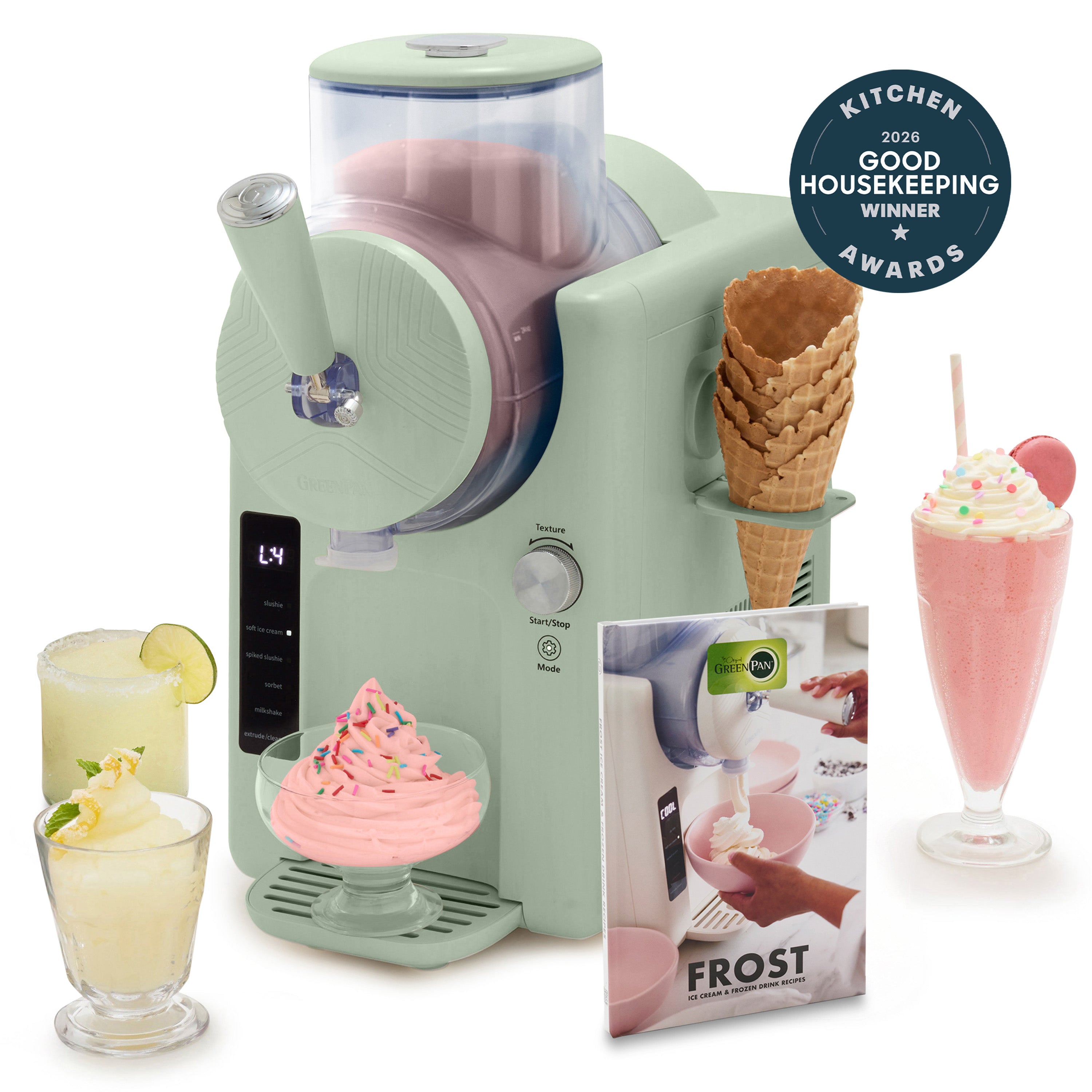 Pistachio green 15-in-1 ice cream and frozen drink maker with cones, drinks, and Good Housekeeping badge visible.