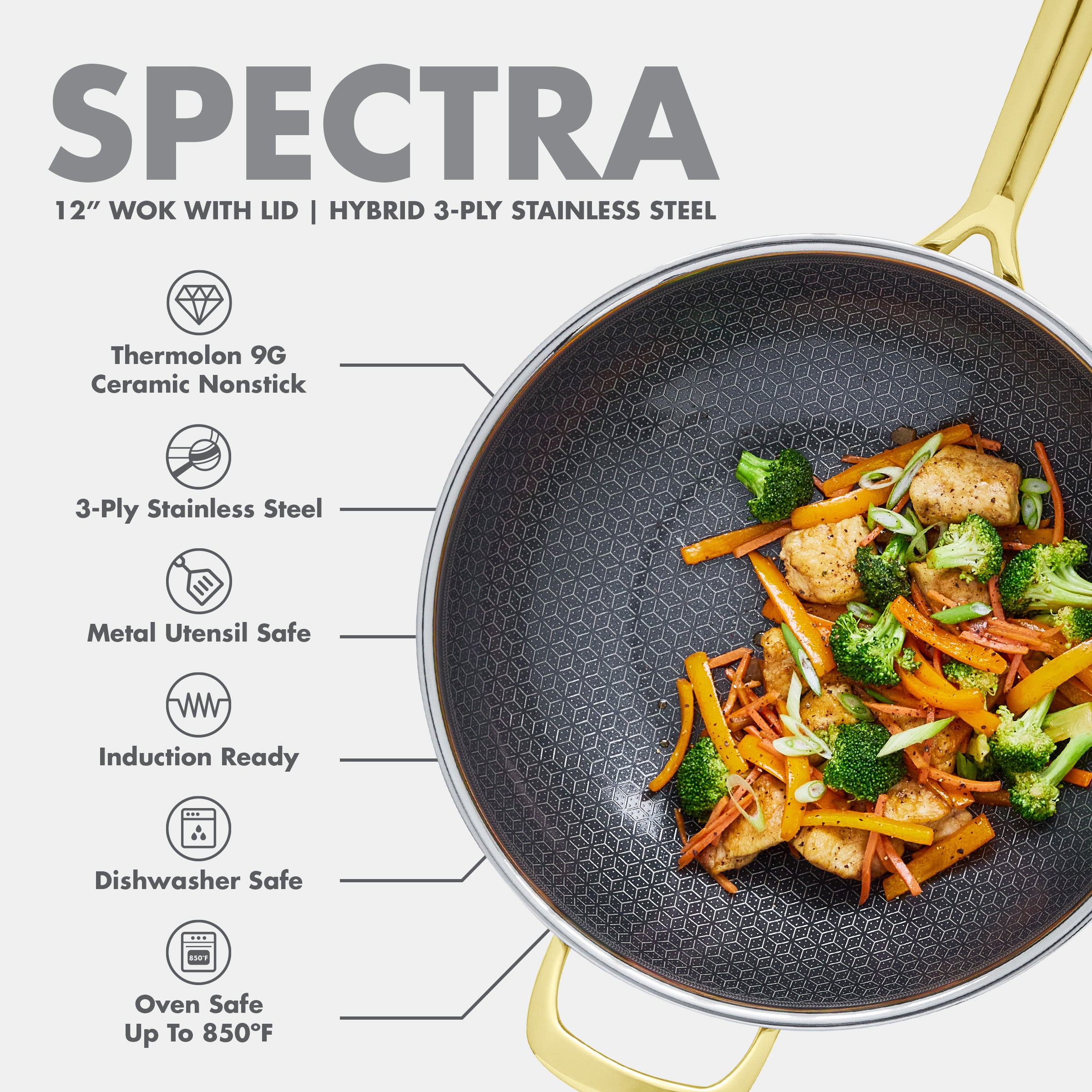 Spectra Gold Thermobond Hybrid Ceramic Nonstick 12" Wok with Lid