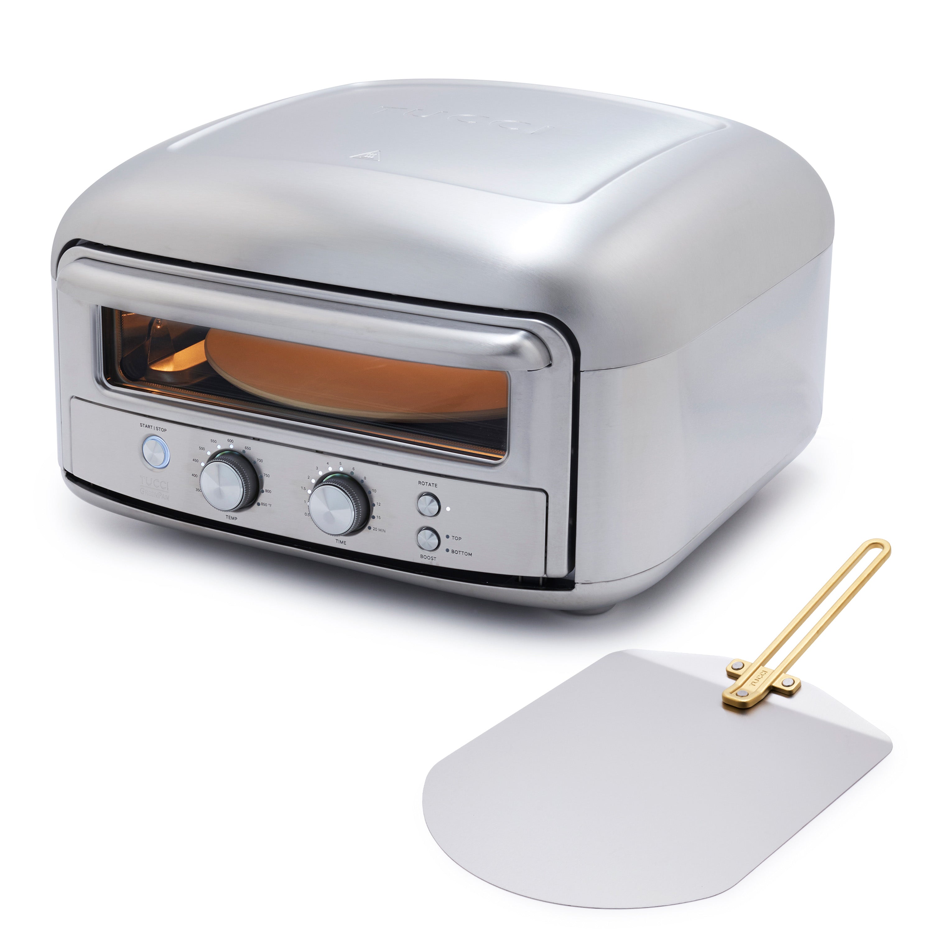 Stainless steel pizza oven with a pizza peel on a white background