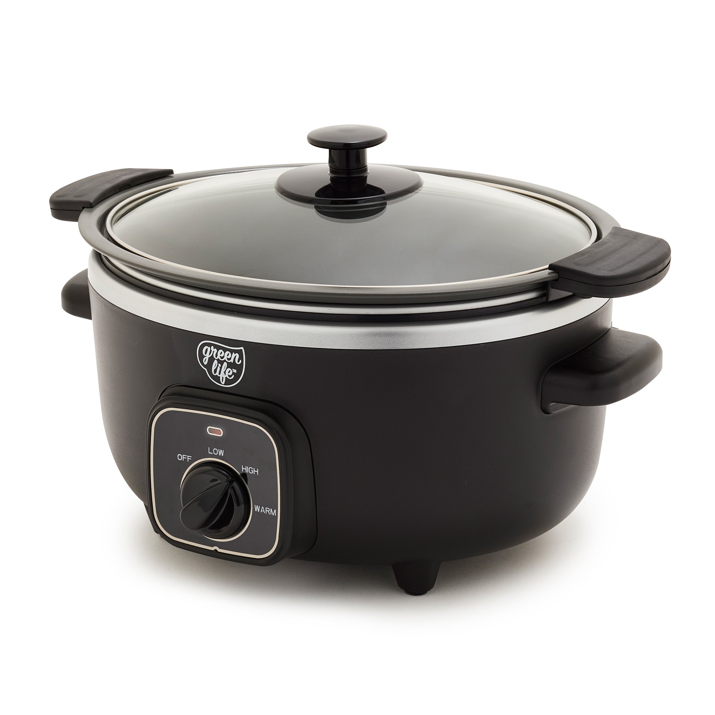 Black slow cooker with a glass lid on a white background