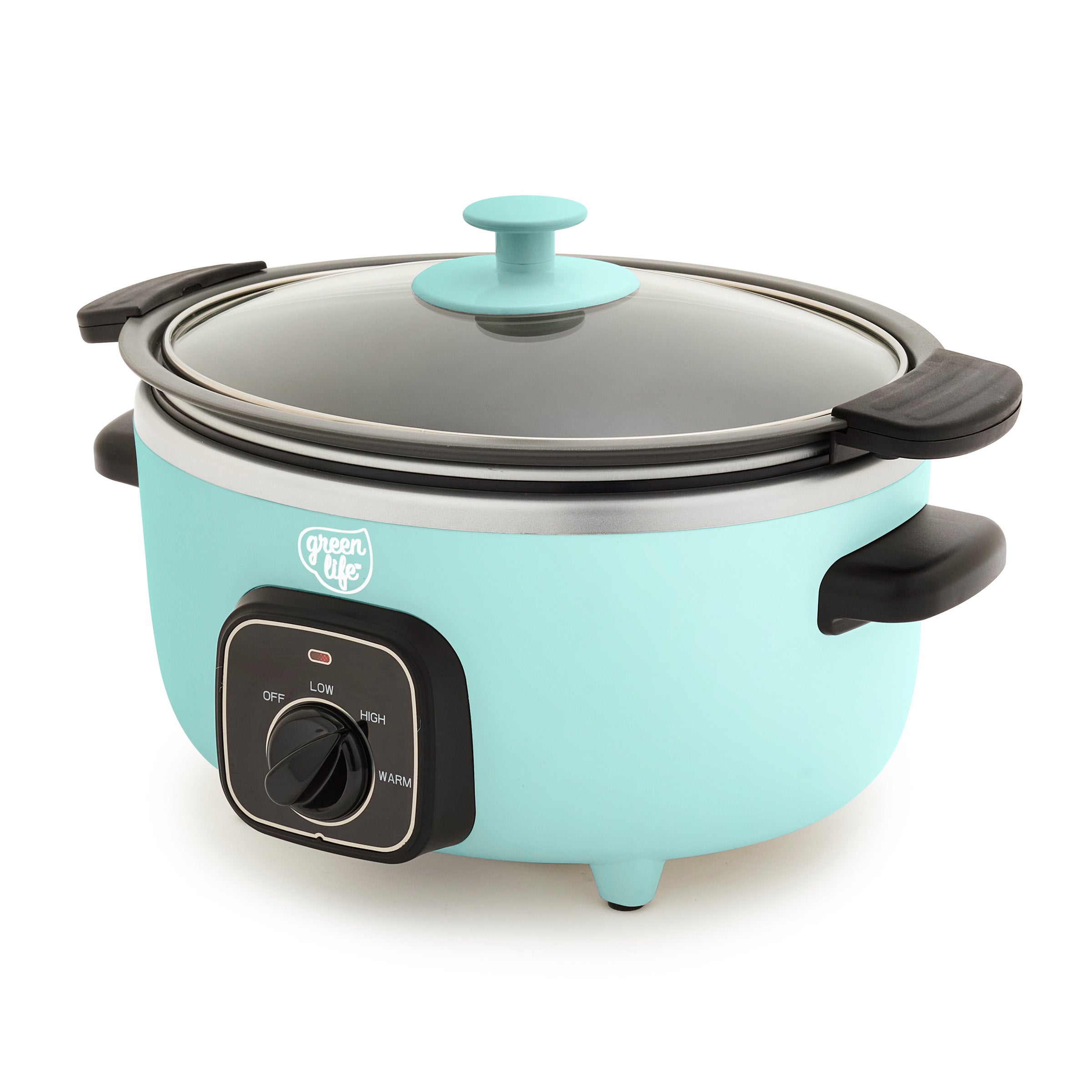 Turquoise slow cooker with black handle and control panel on a white background