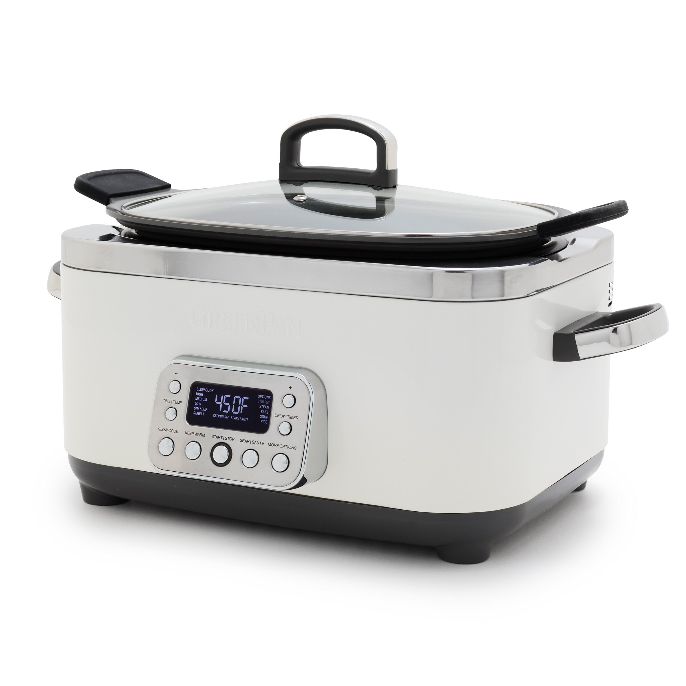 Digital slow cooker with a clear lid on a white background