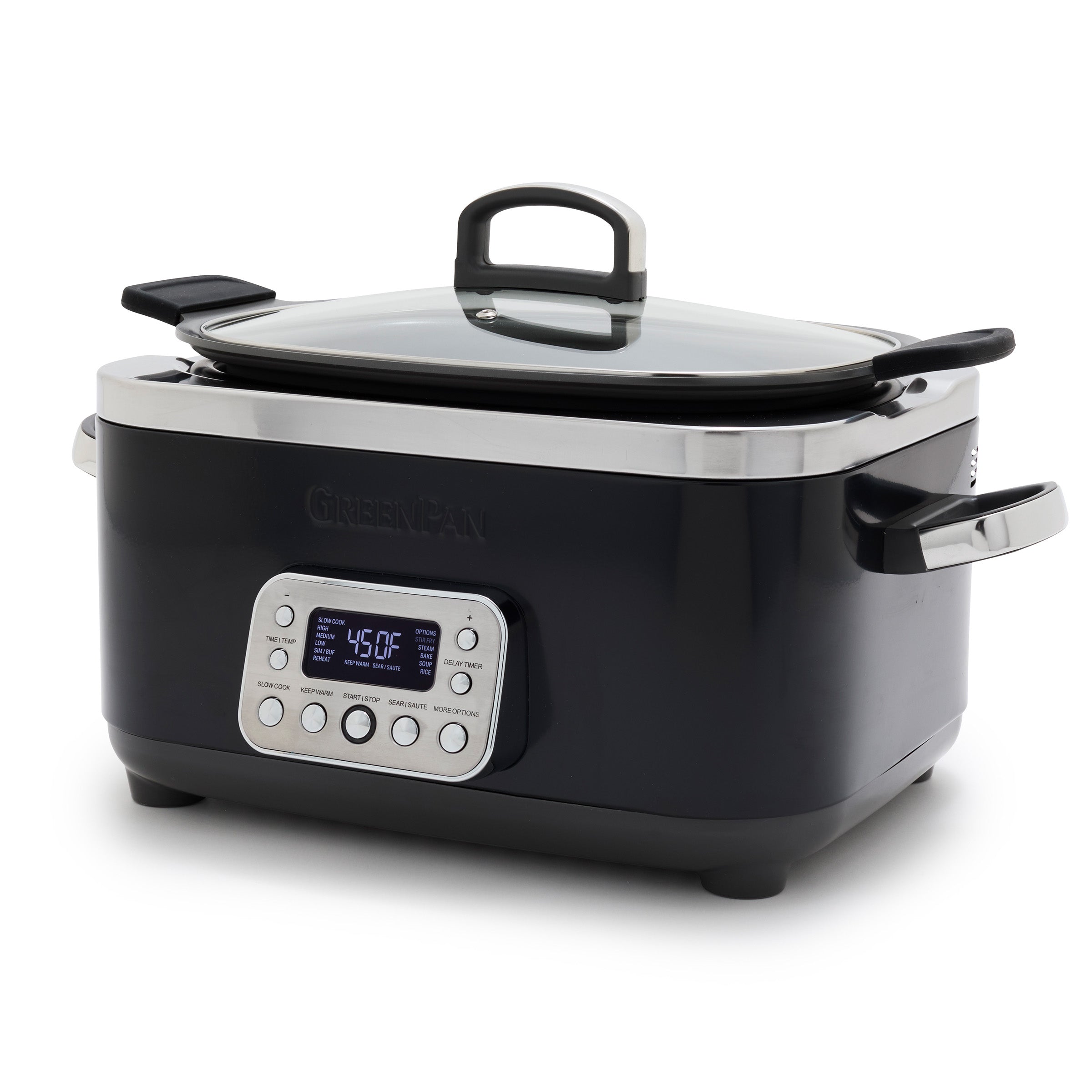 Digital slow cooker with a clear lid on a white background
