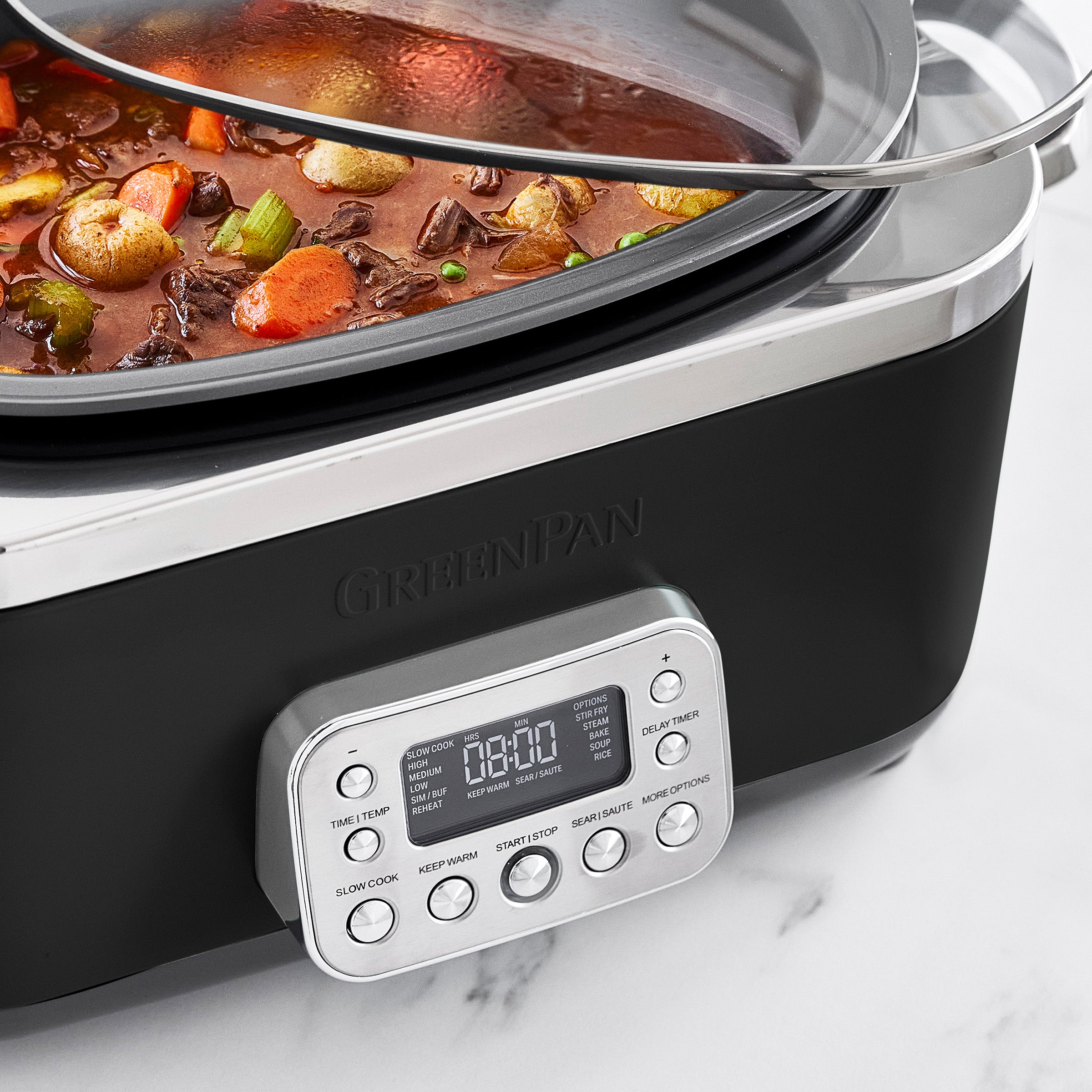 Slow cooker with a digital display on a white background